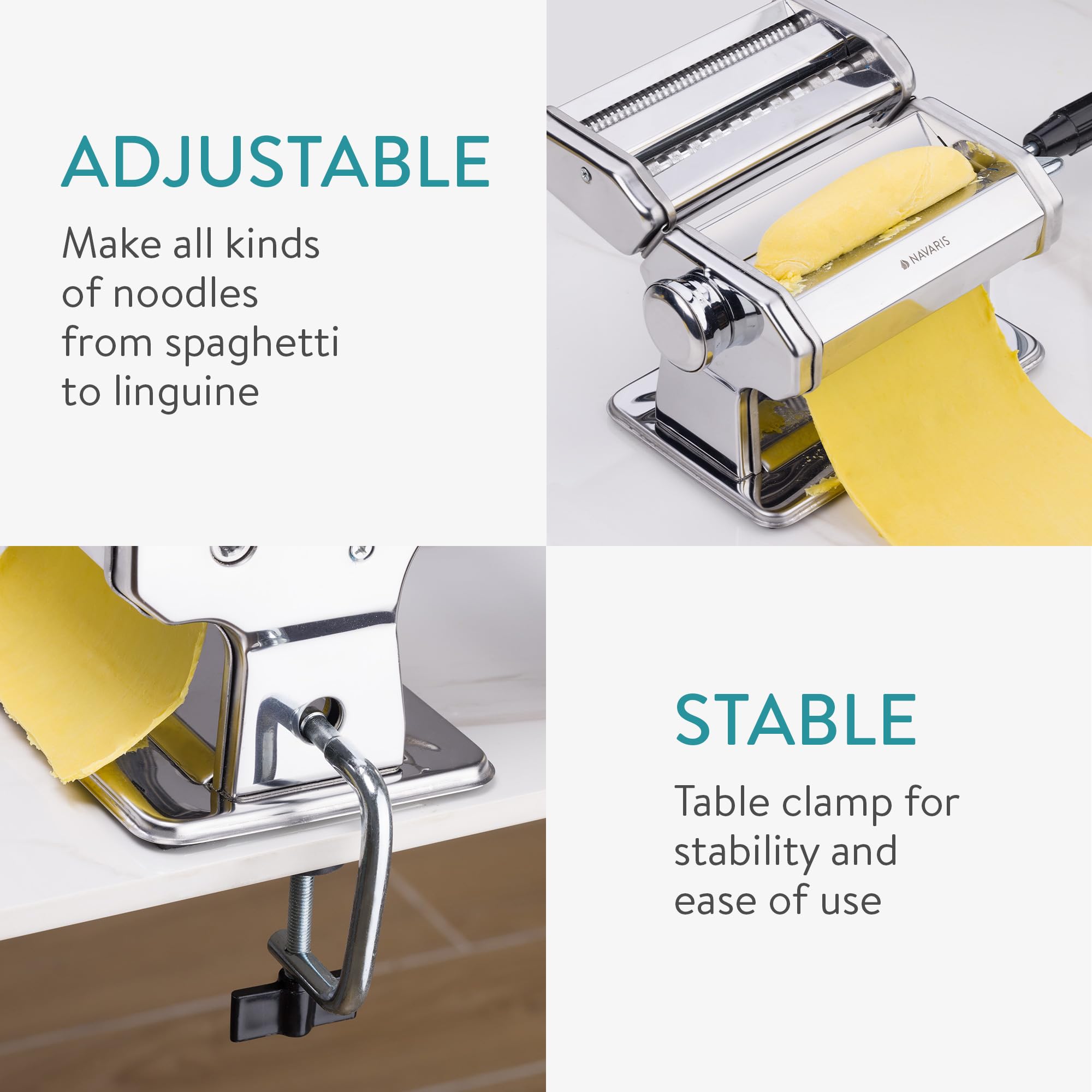 Navaris Maquina para Hacer Pasta - Maquina Pasta Fresca con Grosor Ajustable 0,5 a 3 mm - Cortador Pasta rellena Espaguetis tallarines lasaña - Pasta Maker de Acero Inoxidable