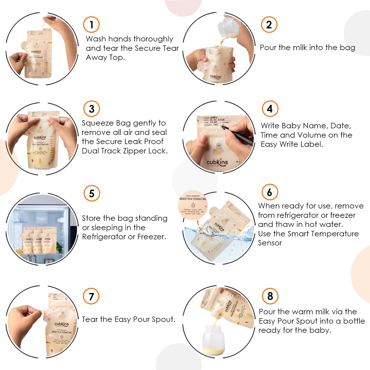 CUBKINS Breast Milk Storage Bags (Pack of 50), Pre-Sterilized, Smart Temp Sensor, BPA Free, Single Use, Leak Proof Double Zip, Separate Fill & Pour Spouts, 250 ml Capacity, Marker Included,Multicolor - Image 6 thumbnail