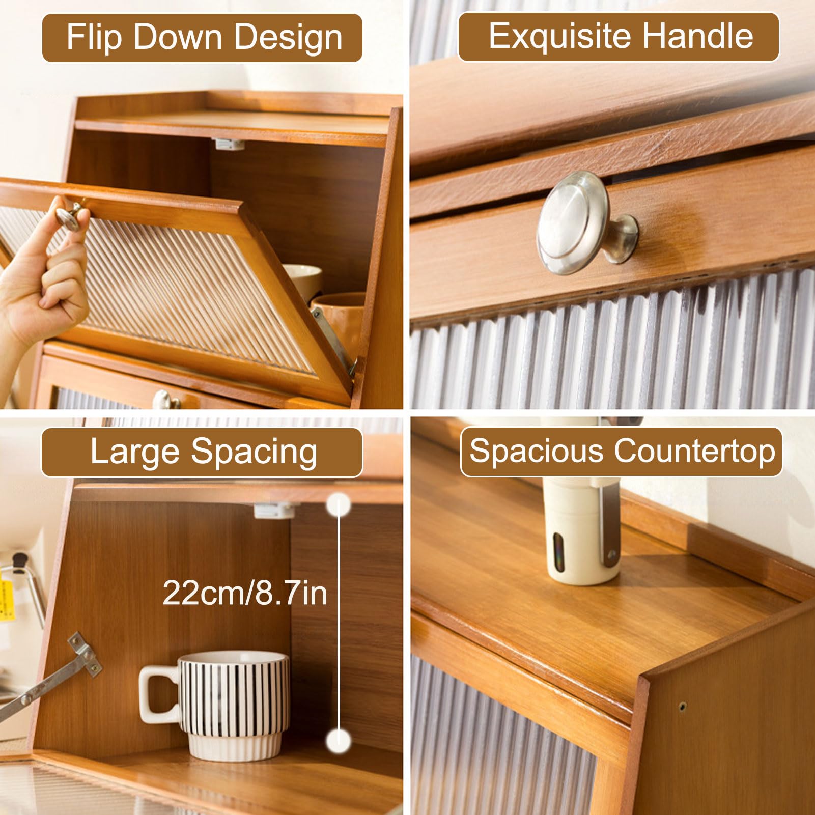 Kleiner Bambus Schrank Küche Speisekammer Anrichte mit Flip-Top-Tür, Speisekammer Arbeitsplatte Lagerung Schrank für Gewürze Gewürzflaschen Schüssel Lebensmittel,Braun,40×27cm/16×11in