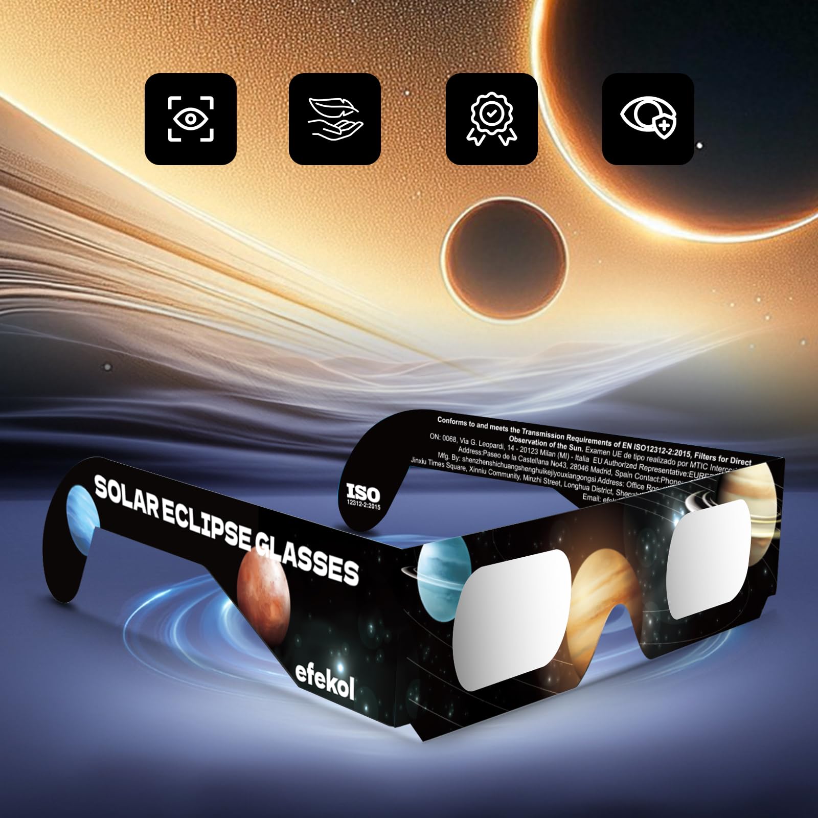 efekol Gafas Eclipse Solar Homologadas (12 Pack) - Certificación CE y EN ISO 12312-2 para Observación Segura del Sol - Eclipse Total 12 de Agosto de 2026 (Total en España, Parcial en Europa)