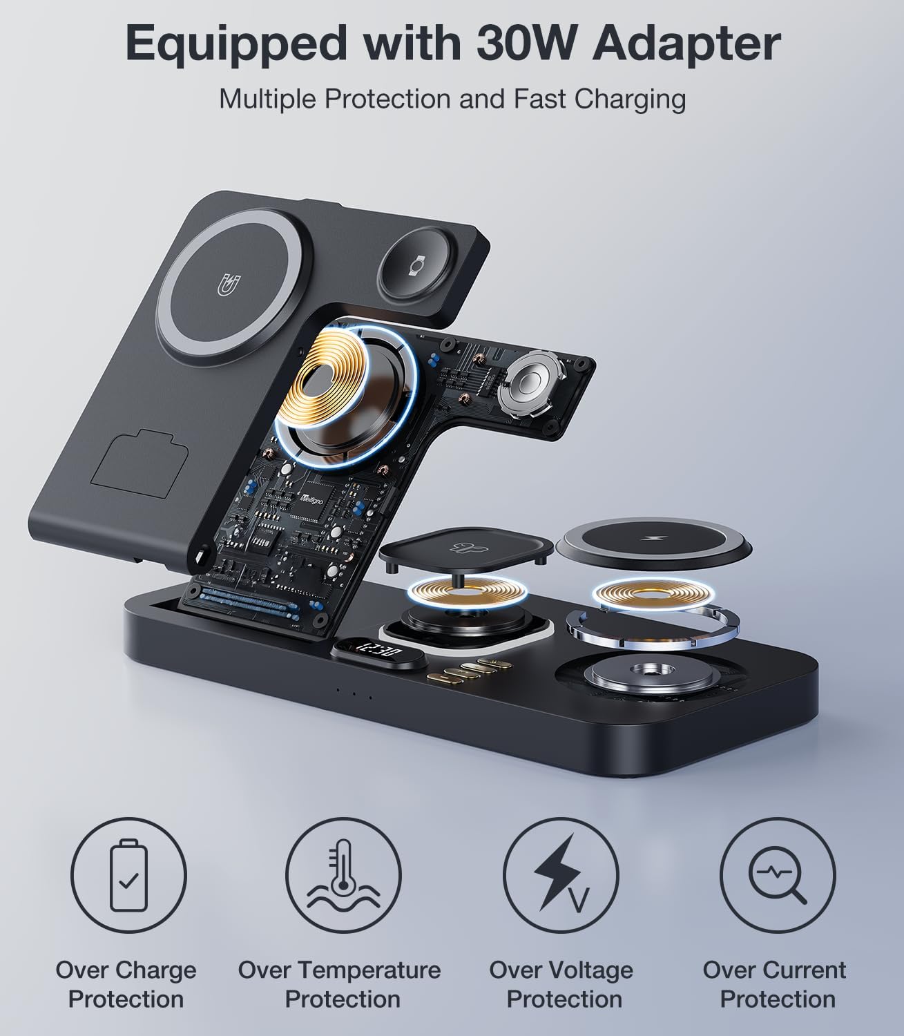 Foldable Magnetic Charging Station for Samsung Devices, 30W Wireless Charger Stand with Clock & Night Light, Fast Mag-Safe Charger for Galaxy S26 Ultra Plus/Z Fold/Flip 7, Galaxy Watch/Buds