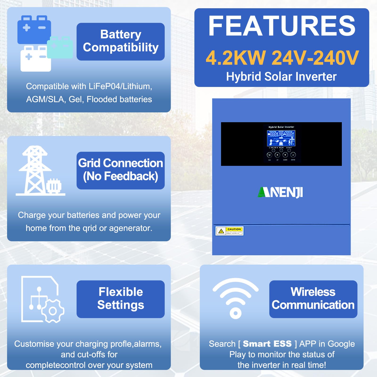 4200W Solar Hybrid Wechselrichter 24V netzunabhängiger Reiner Sinus-Wechselrichter DC auf 220V/230V AC mit 100A MPPT Solarregler Max. PV-Eingang 500V,Arbeit mit 24V Lithium Batterien