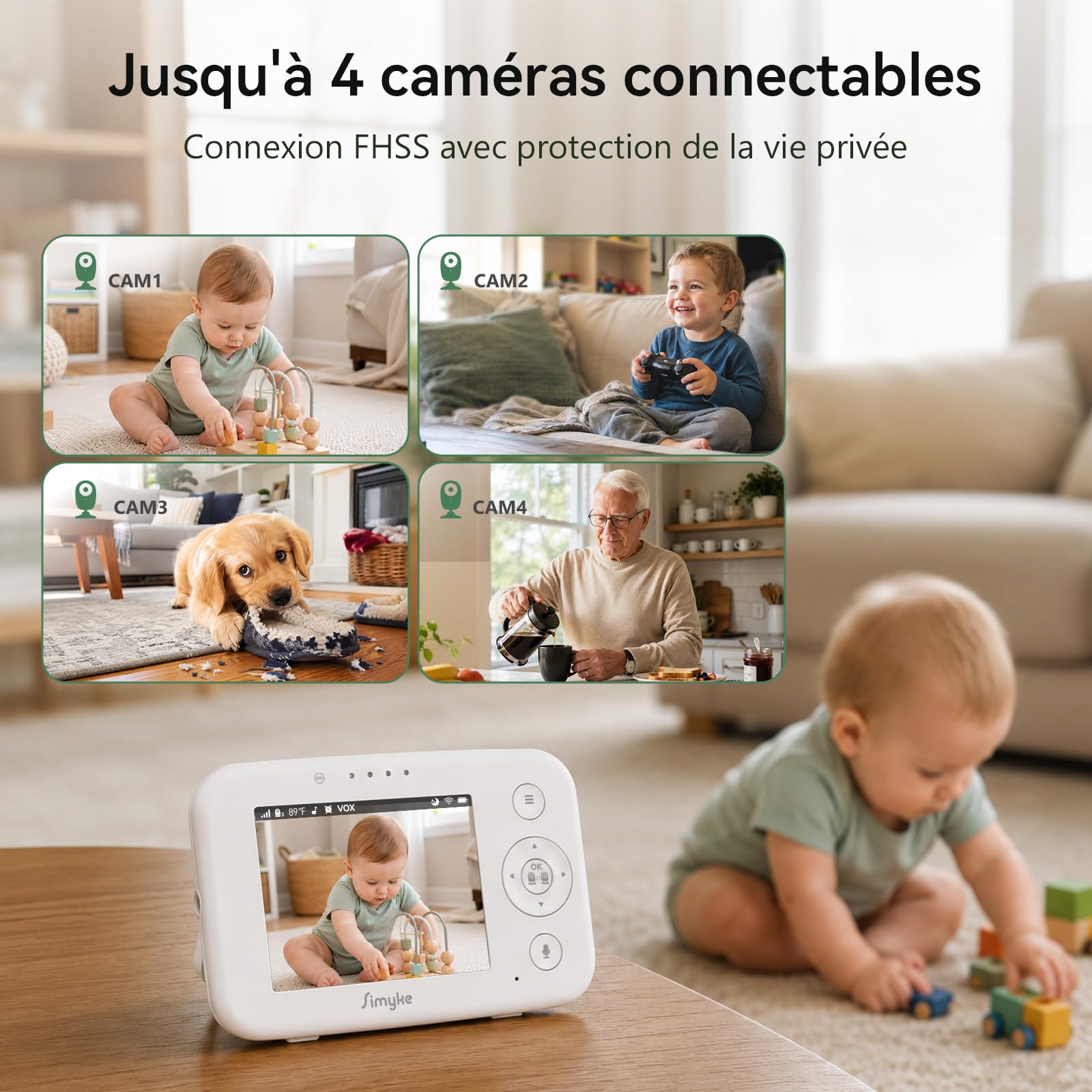 Simyke Babyphone Caméra Bébé Écran 3,5" & Caméra 1080P HD, Connexion WiFi Smartphone & Liaison Hors WiFi, Vision Nocturne, Zoom, VOX 20h Autonomie, Détection Intelligente, Stockage Local & Cloud