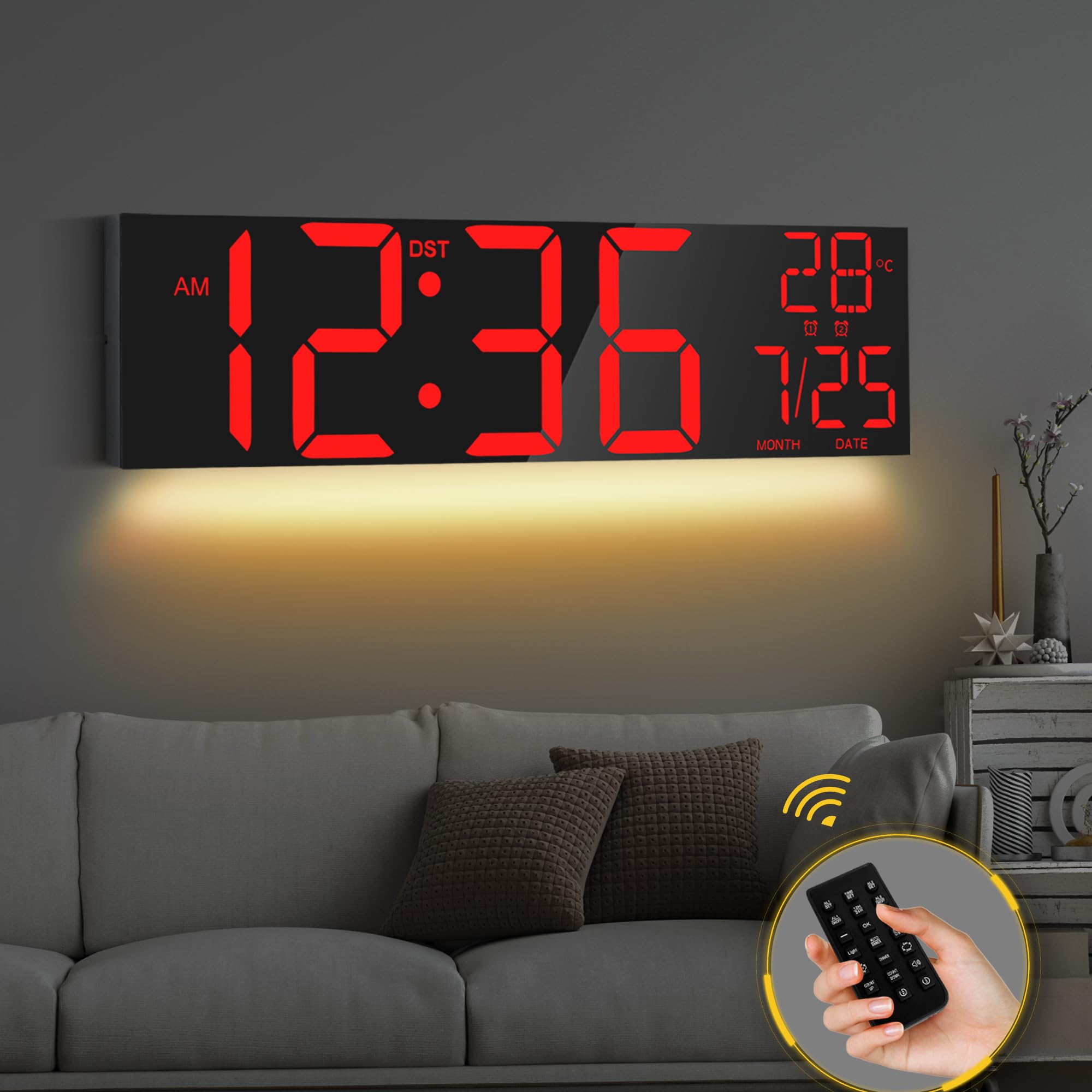 MAXSTAR 30 "Reloj de pared digital extra grande con pantalla LED roja/azul/blanca y control remoto, alarmas duales,temporizador,DST,temperatura, luz nocturna para sala de estar/oficina/tienda/gimnasio