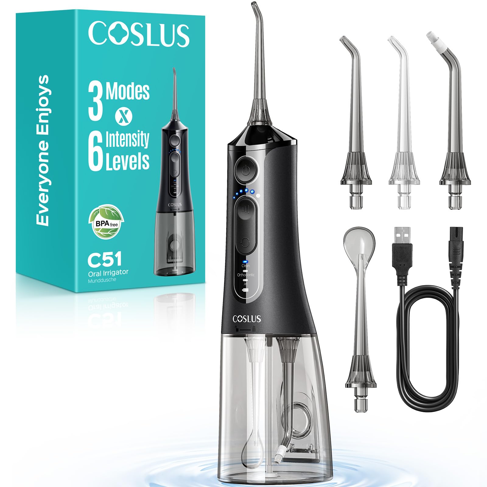 COSLUS C51 Portable Water Flosser for Teeth 3 Modes 6 Pressure Settings with Jet Mode Water Dental Pick