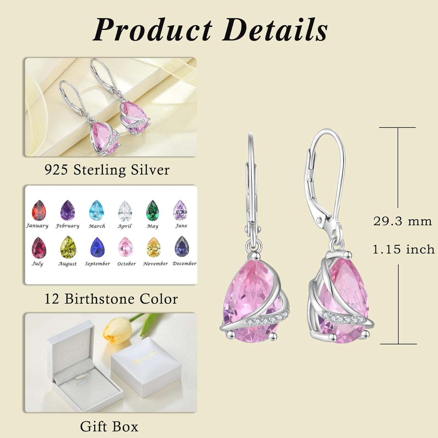 Teardrop Birthstone Earrings 925 Sterling Silver Dangle Drop Earrings Leverback Jewelry for Women