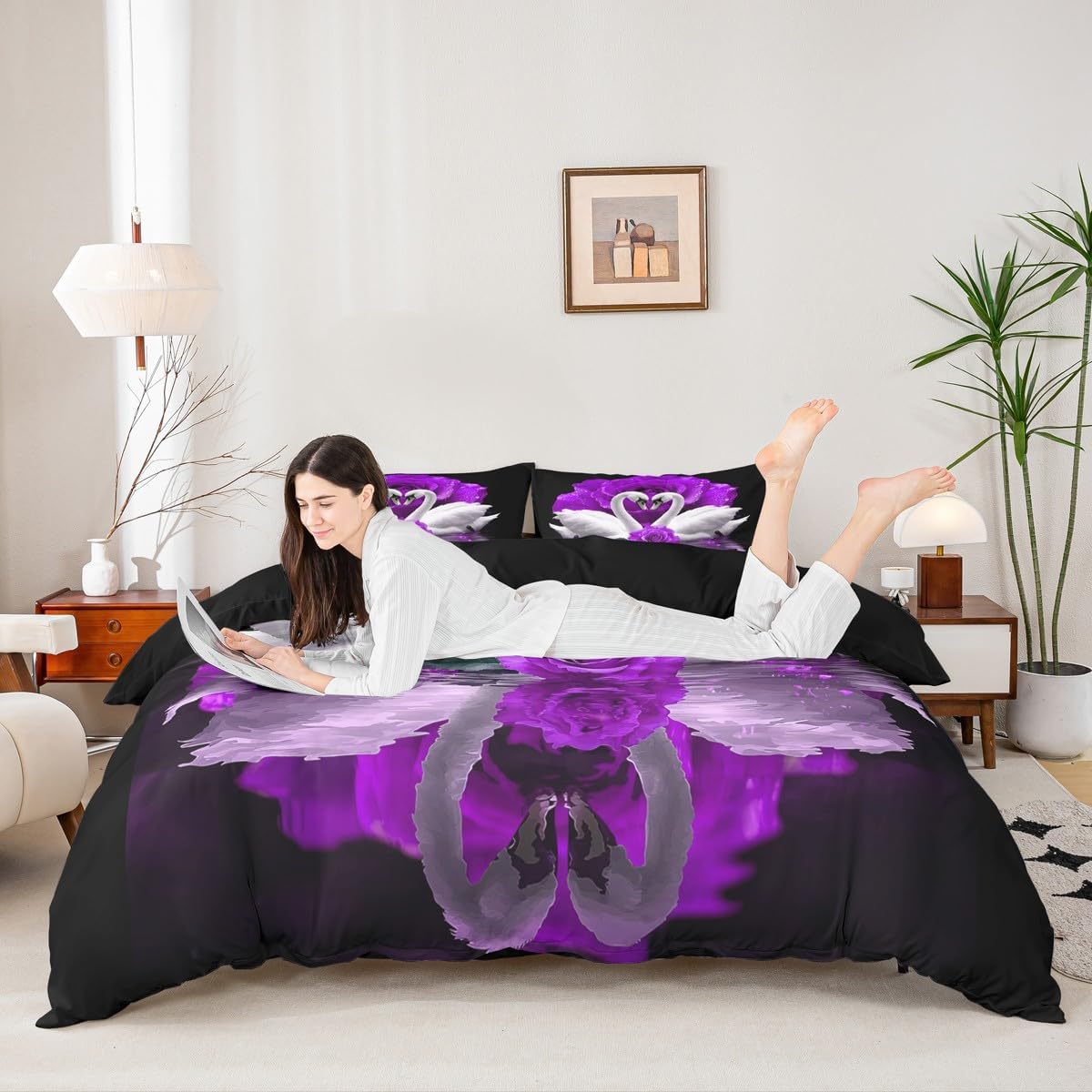 White Swan Bedding Set Purple Rose Duvet Cover King Size,Birds Wildlife Comforter Cover Romantic Flowers Wildlife King Bed Set Couple Bedroom Decor for Adult Lady Man, Wedding Festival Party Decor