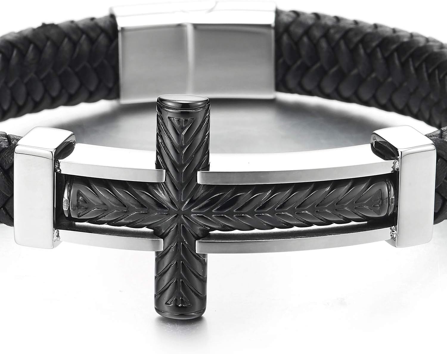 COOLSTEELANDBEYOND Mens Steel Horizontal Sideway Lateral Cross Silver Black ID Identify Black Braided Leather Bracelet