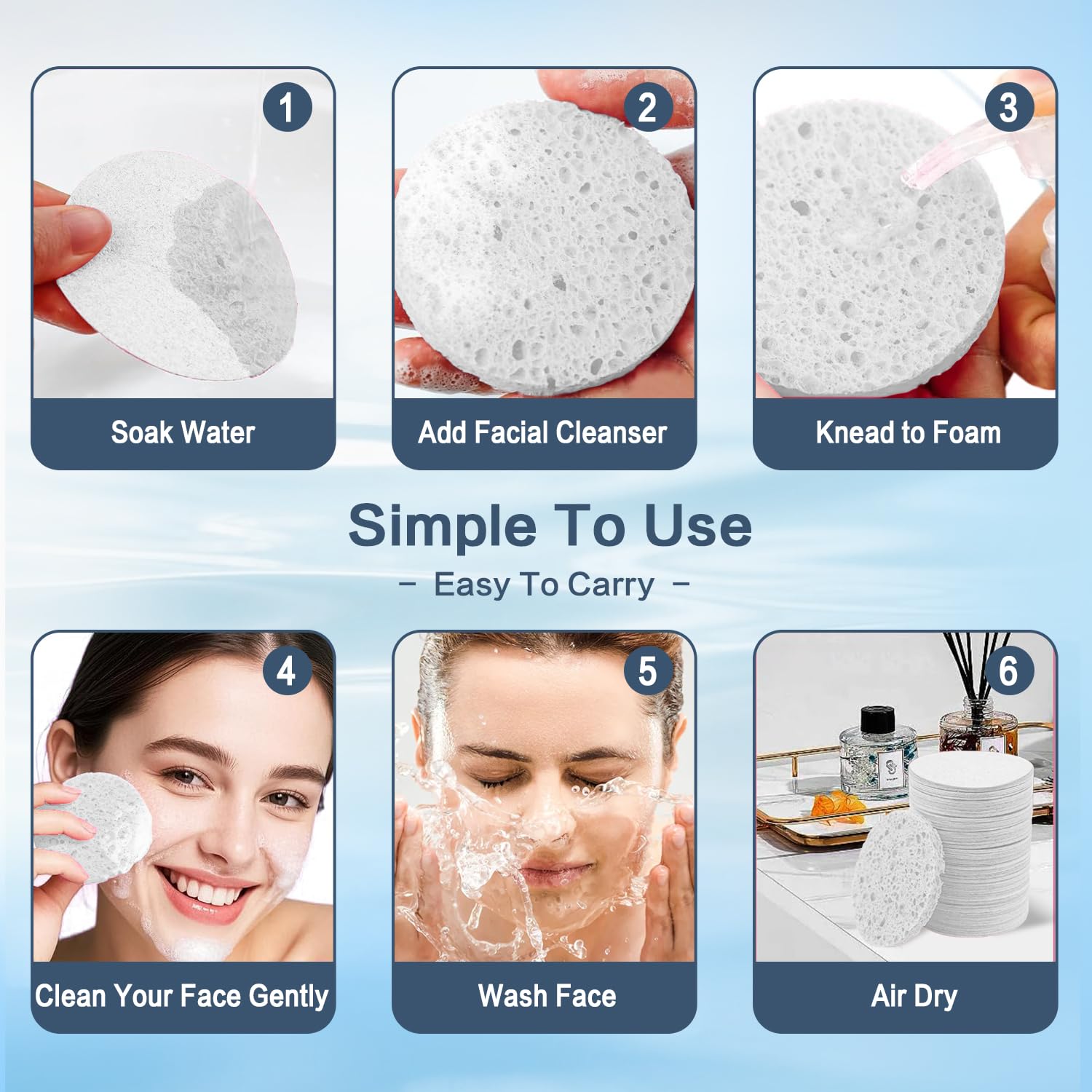 60-Count Compressed Facial Sponges Natural Cellulose - Reusable Professional Face Sponge for Cleansing, Exfoliating & Makeup Removal, Gentle Spa Skincare Tools for Travel Home Bath (White)