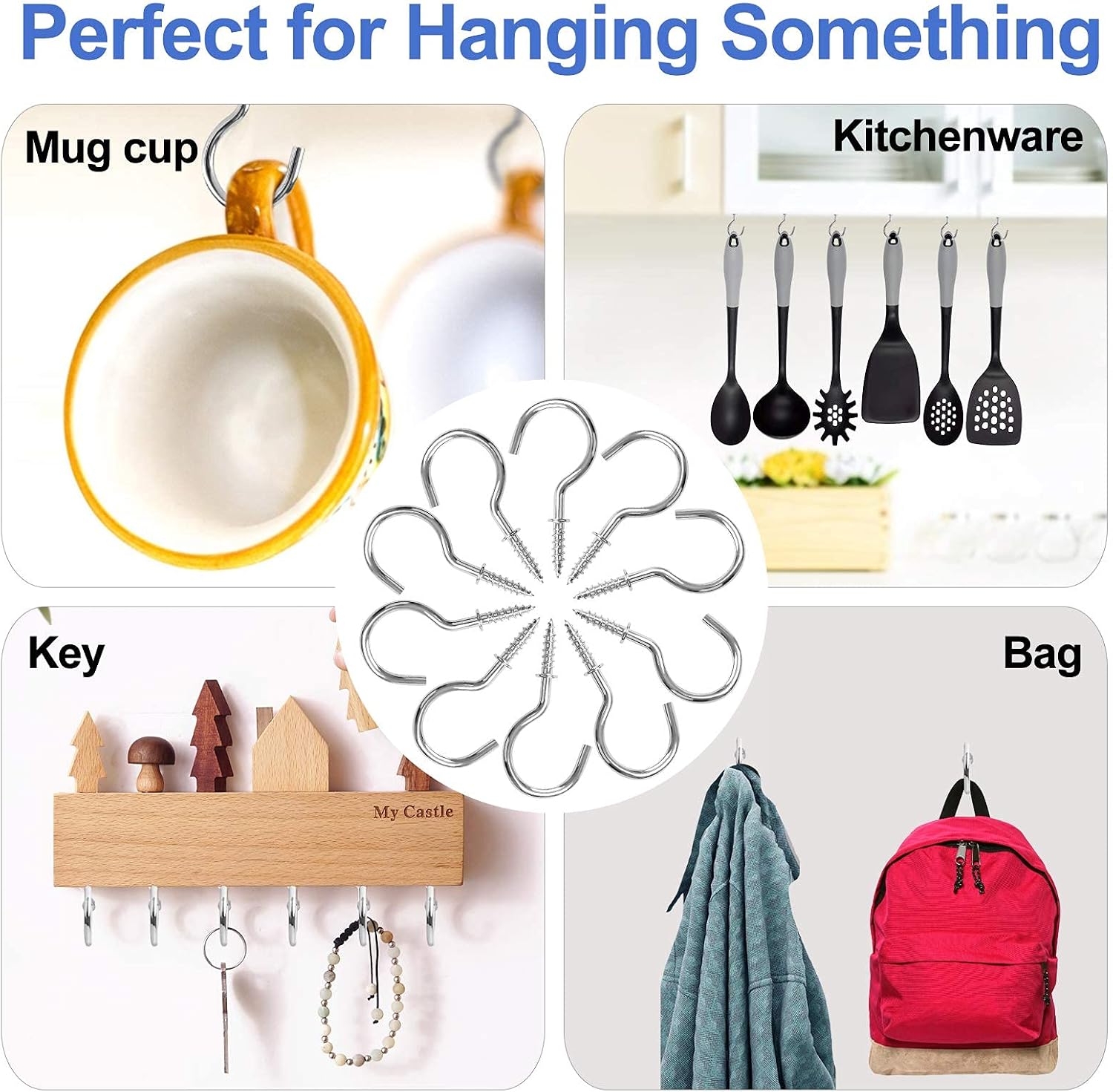 Screw Hooks, 75PCS Sliver Cup Hooks, Small Screw in Hook for Wood, Metal Srew in Hook for Hanging Mug Key and Garden Lights(6 Sizes)