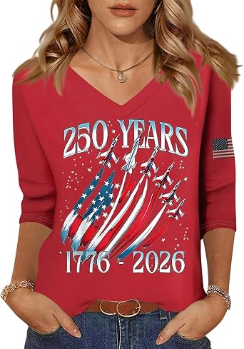 Womens American Flag Shirt 250 Years July 4Th Loose Tops 3/4 Sleeve V Neck Holiday Tops Summer Red White Blue Outfits