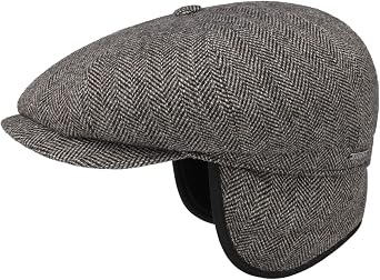 Stetson Hatteras Classic Flat Cap Ear Flaps Wool Herringbone Made in EU Men Autumn Winter