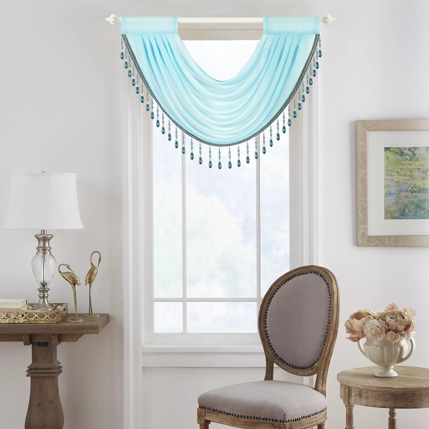 VOGOL Silky Sheer Valances for Living Room, Light Filtering Waterfall Valance with Shining Beaded, Rod Pocket Swag Curtains for Bedroom, 30x24 Inches, Light Blue, 1 Piece