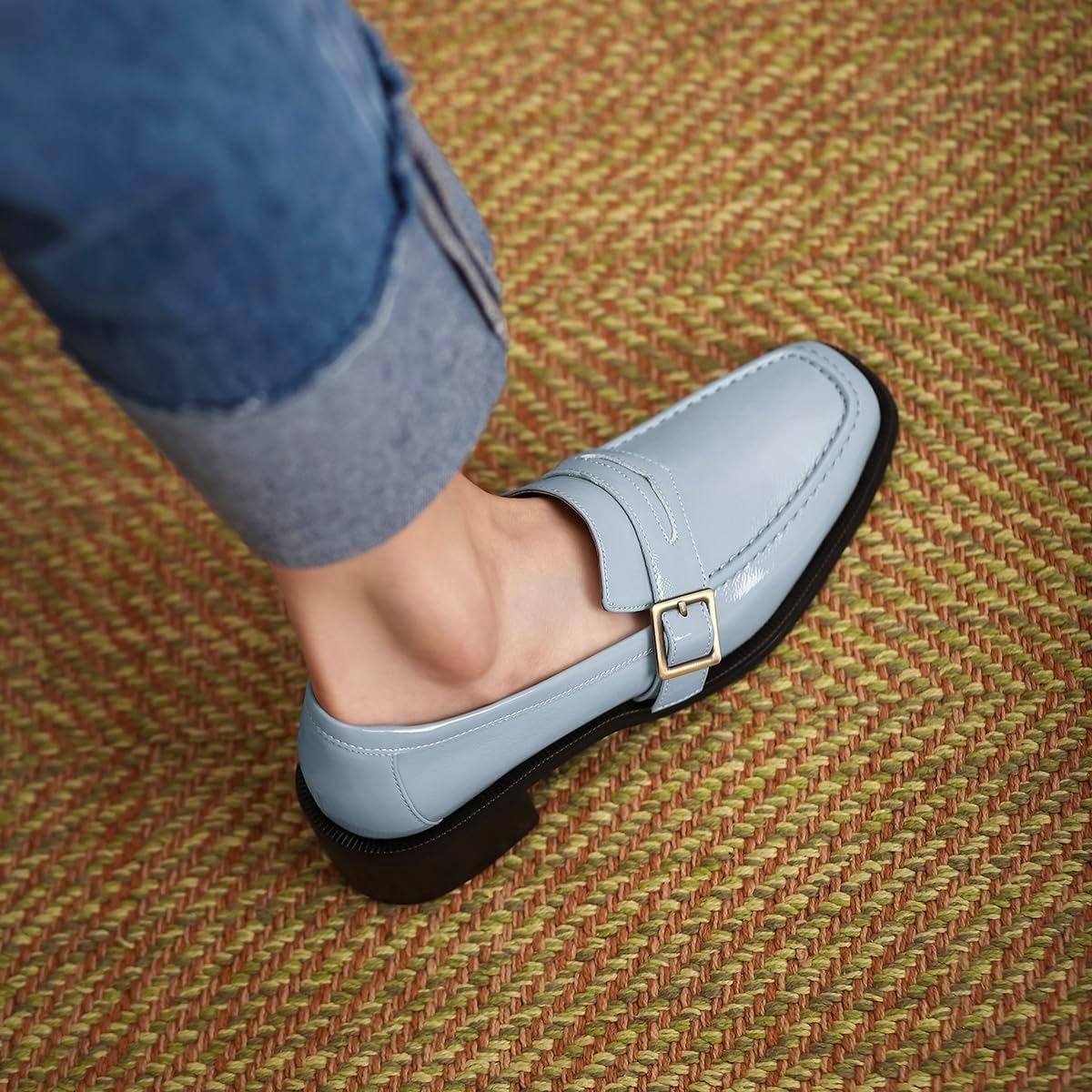 MOOMMO Women Chunky Heel Penny Loafers Square Toe Buckle Slip On 2" Stacked Block Heel Dress Loafers Oxfords Office Ladies Comfortable Classic Loafer Pumps Patent Light Blue 9.5 M US - Image 6