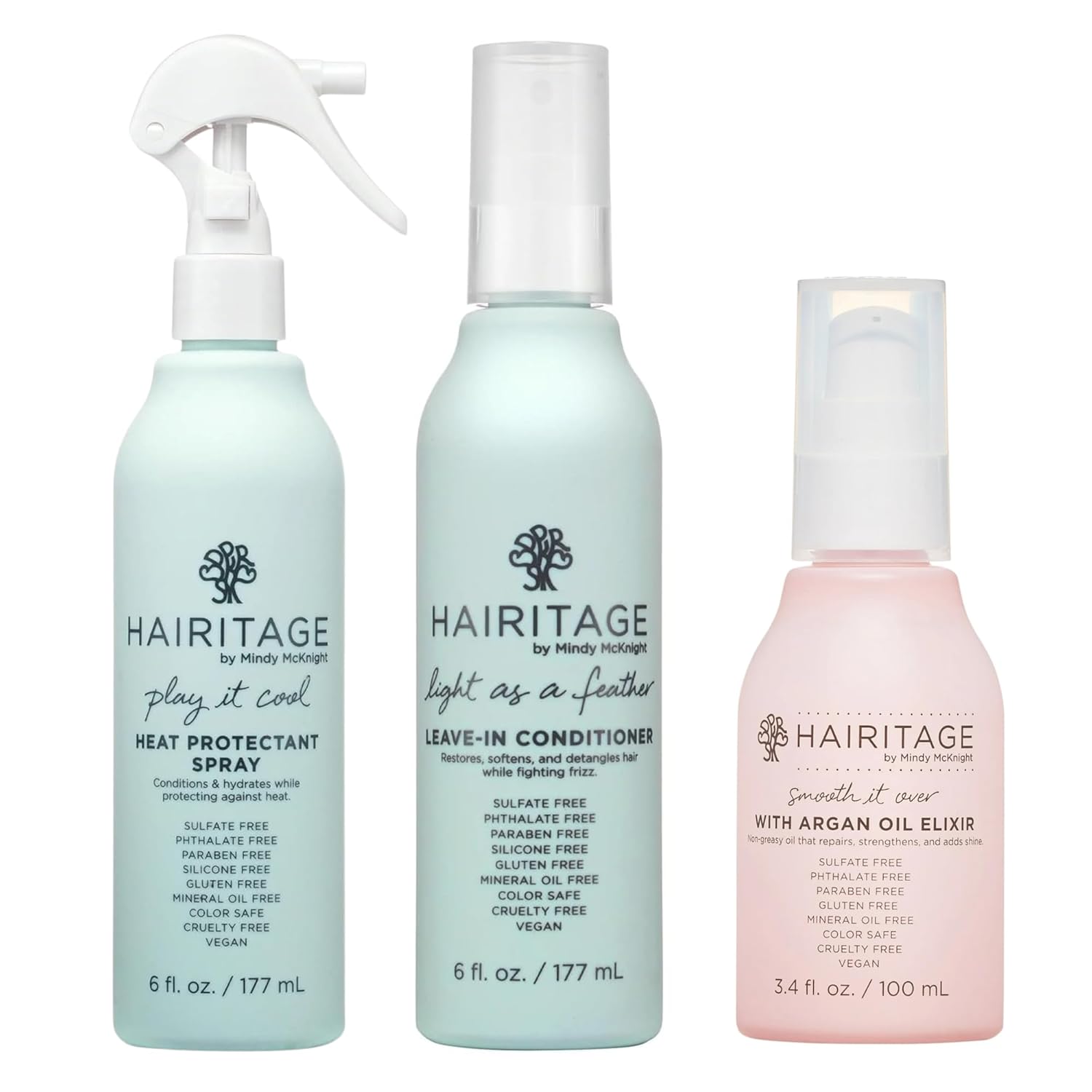 Hairitage Styling Bundle - Detangling Leave-in Conditioner Spray - Heat Protectant for Hair - Argan Oil Hair Oil Spray - For Dry Damaged + Curly, Fine, Wavy, Frizzy Hair - Sulfate Free - 3 Pack