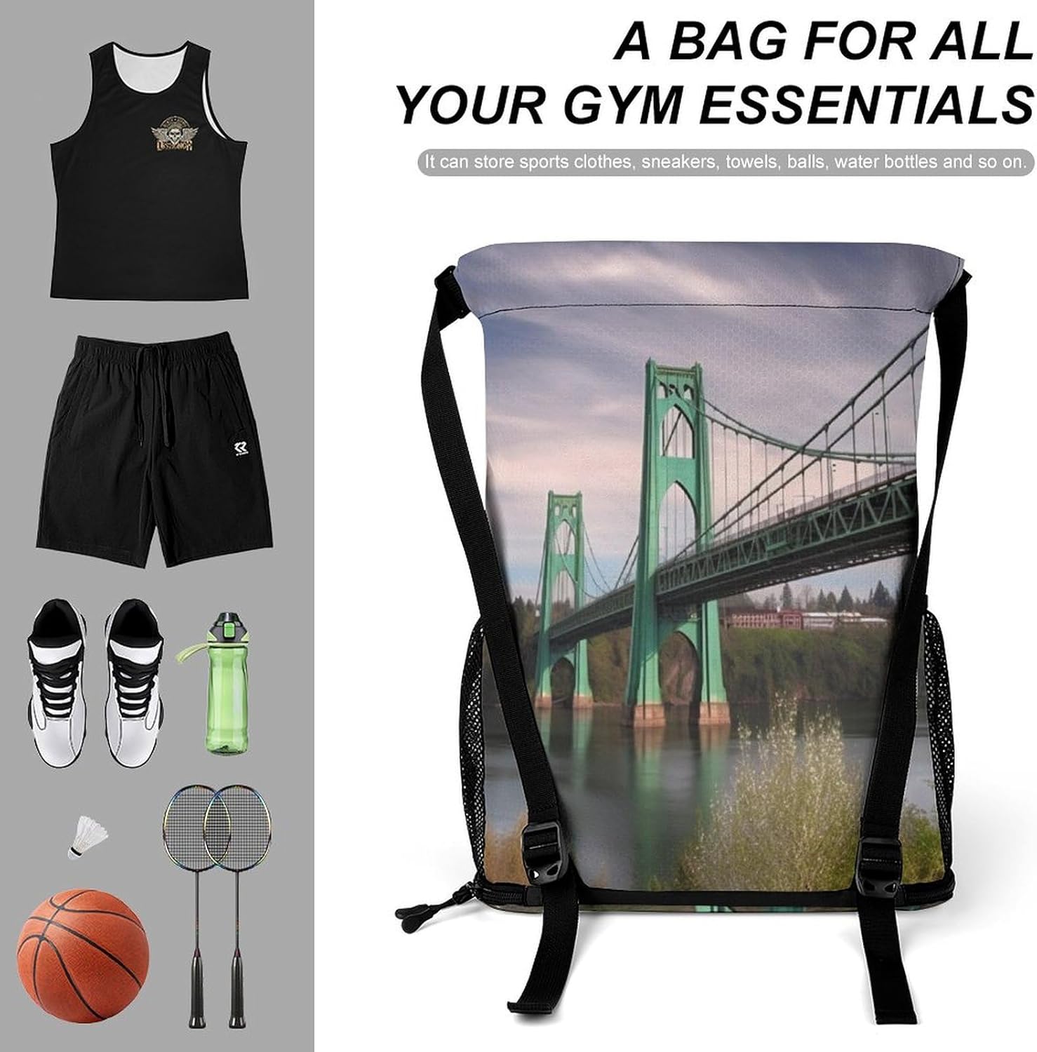 Small Gym Bag St Johns Bridge Printed Drawstring Gym Bag for Men Lightweight Waterproof Drawstring Backpack for Women with Shoe Compartment for Travel Tourism Work And Fitness