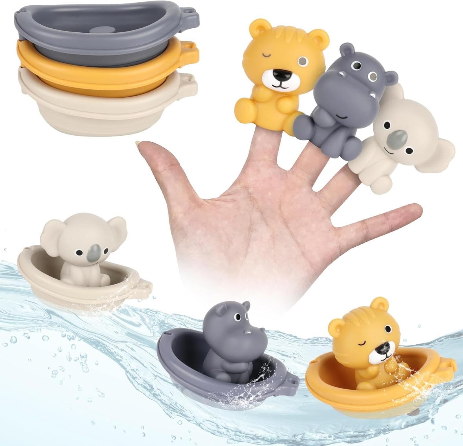 Stackable Boat & Animal Finger Puppet Bath Toy Set, 3 Floating Silicone Boats with Lion, Hippo, and Koala Puppets for Bathtub and Pool Play, Sensory and Interactive Water Toys for Kids