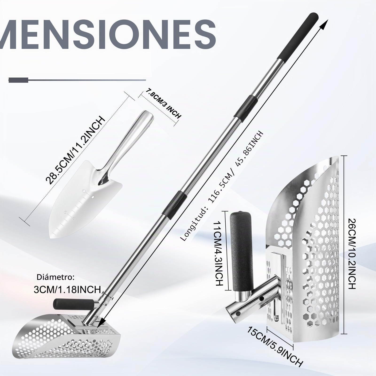GADFISH Cuchara de Arena para detección de Metales, Pala de Detector de Metal, Pala de tamiz de Arena de Acero Inoxidable, Pala de tamiz rápido para Caza de Tesoros subacuáticos (Acero Inoxidable)