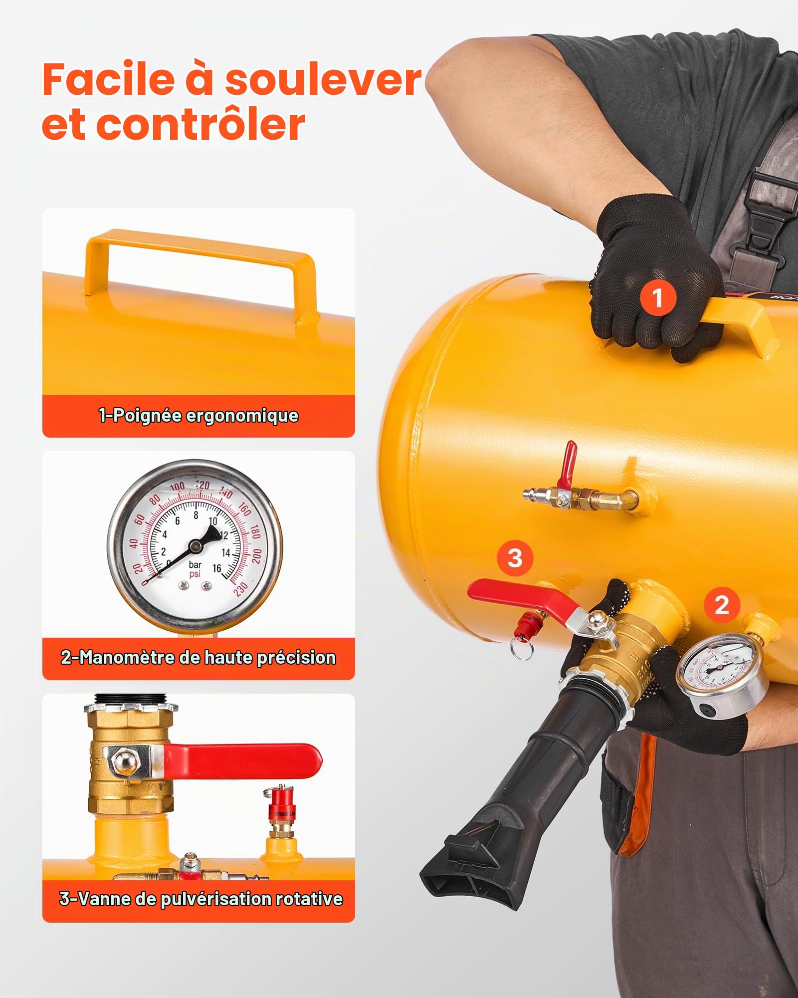 VEVOR Canon à Air 37,9 L, Booster de Pneu avec Pression de Service 0,6-0,8 MPa, Gonfleur Pneumatique de Pneu pour Pick-up, Camion, VTT, Jeep, Fourgonnette, Tracteur Tondeuse, Camping-Car, Jaune