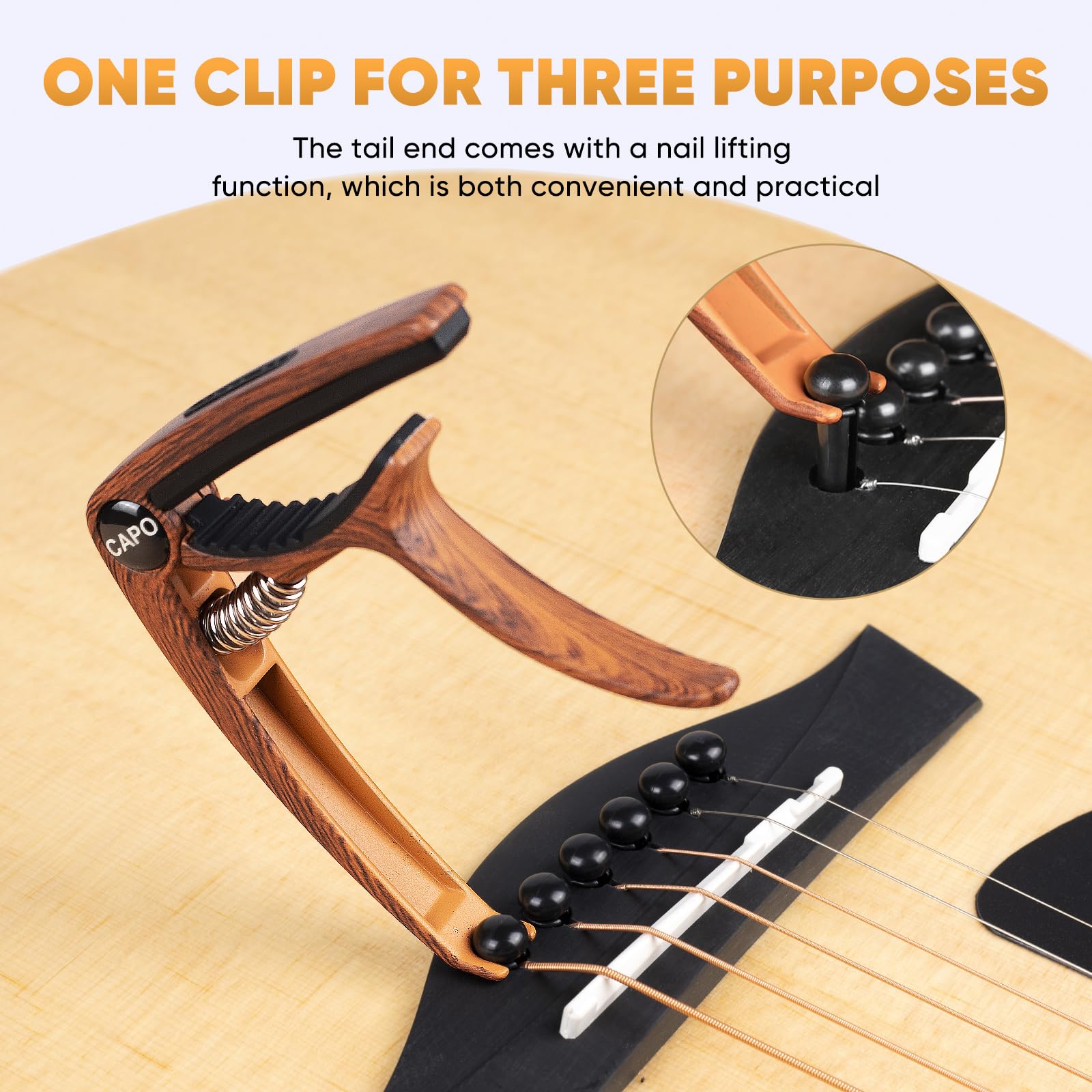 Moom Paquete de 2 cejillas y afinador de guitarra acústica de 6 cuerdas de liberación rápida para guitarras eléctricas, bajo, ukelele, cejillas dobles sin zumbidos con 4 púas de primera calidad