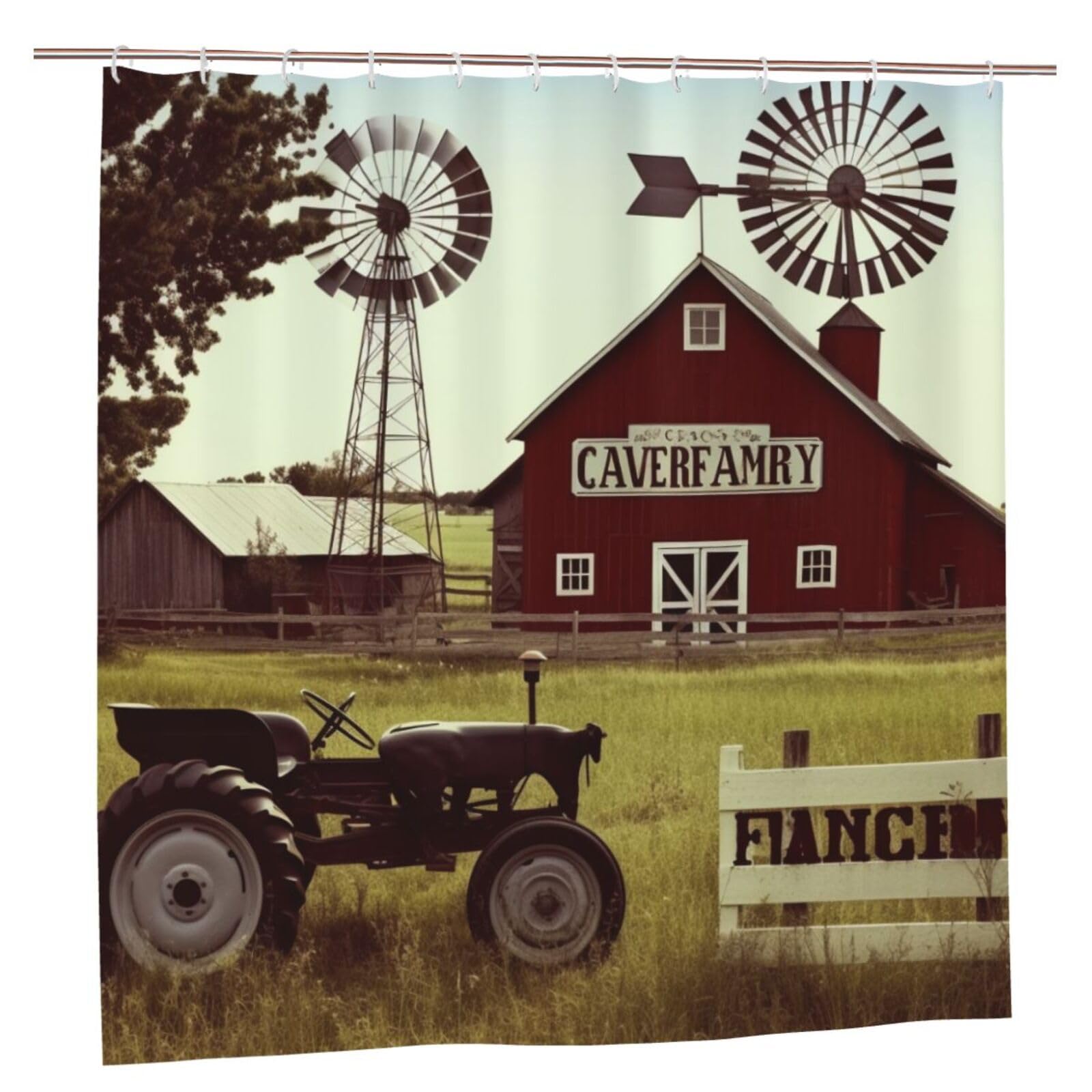 BWWHCCTI Farm Houses Windmill Tractor Printed Shower Curtain With 12 Plastic Hooks Opaque Quick Drying Waterproof Shower Curtains Sets For Bathroom 183x183 CM