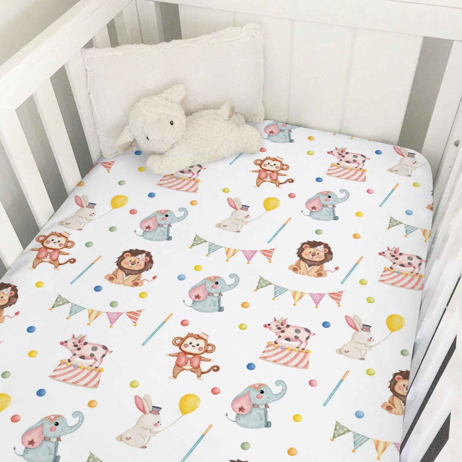 Watercolor Circus Animals Baby Crib Sheet 52''x28'' Cute Monkey Elephant Rabbit Pig Fitted Mattress Sheet for Boy Girl Nursery Bed Sheets for Standard Crib and Toddler Mattress