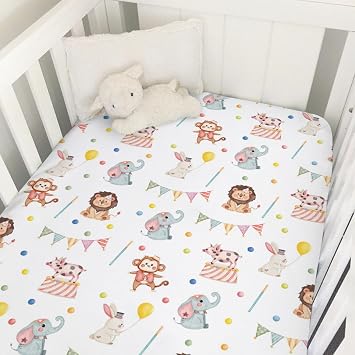 Watercolor Circus Animals Baby Crib Sheet 52x28 Cute Monkey Elephant Rabbit Pig Fitted Mattress Sheet for Boy Girl Nursery Bed Sheets for Standard Crib and Toddler Mattress