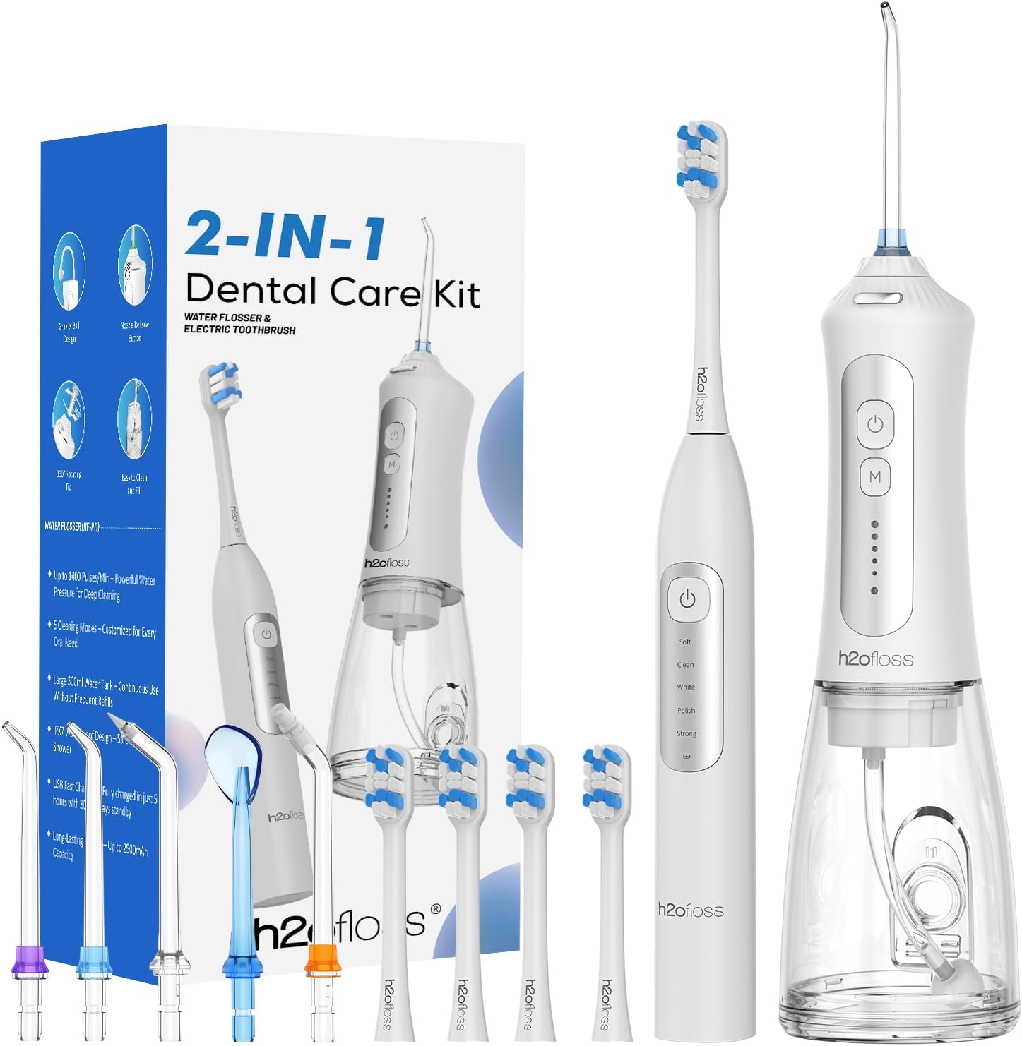 H2ofloss Sonic Electric Toothbrush and Water Flosser Combo, Rechargeable 2000mAh Toothbrush and 2500mAh Oral Irrigator with 300ml Tank, 4 Brush Heads, 5 Nozzles, 2 in 1 for Home and Travel (White) H2ofloss Sonic Electric Toothbrush and Water Flosser Combo, Rechargeable 2000mAh Toothbrush and 2500mAh Oral Irrigator with 300ml Tank, 4 Brush Heads, 5 Nozzles, 2 in 1 for Home and Travel (White)