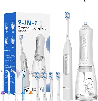 H2ofloss Sonic Electric Toothbrush and Water Flosser Combo, Rechargeable 2000mAh Toothbrush and 2500mAh Oral Irrigator with 300ml Tank, 4 Brush Heads, 5 Nozzles, 2 in 1 for Home and Travel White