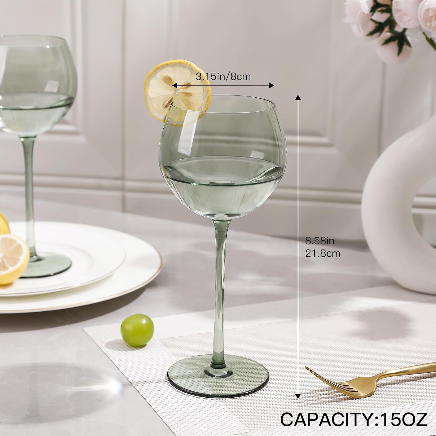 Balloon Sage Green Wine Glasses Set 6-15oz, Long Stem - Hand Blown Pale Sage Green Stemware for St. Patrick's Day,Spring Party