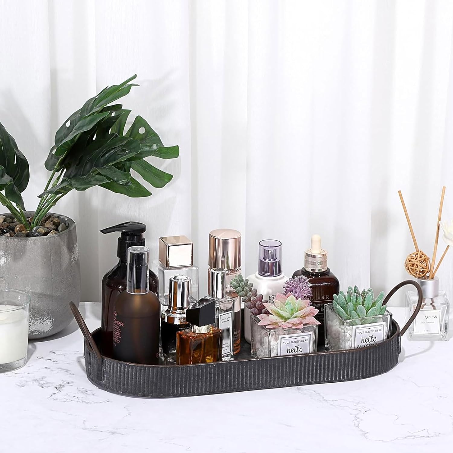 Hipiwe Oval Galvanized Metal Iron Tray with Handle, Industrial Style Storage Serving Tray Farmhouse Rustic Decorative Coffee Table Centerpiece for Home Decor - Image 5