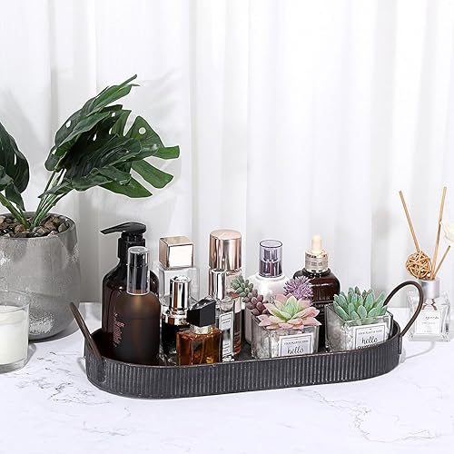 Miniatura 5 de Hipiwe Bandeja ovalada de hierro de metal galvanizado con asa, bandeja de almacenamiento de estilo industrial, bandeja decorativa rústica para mesa