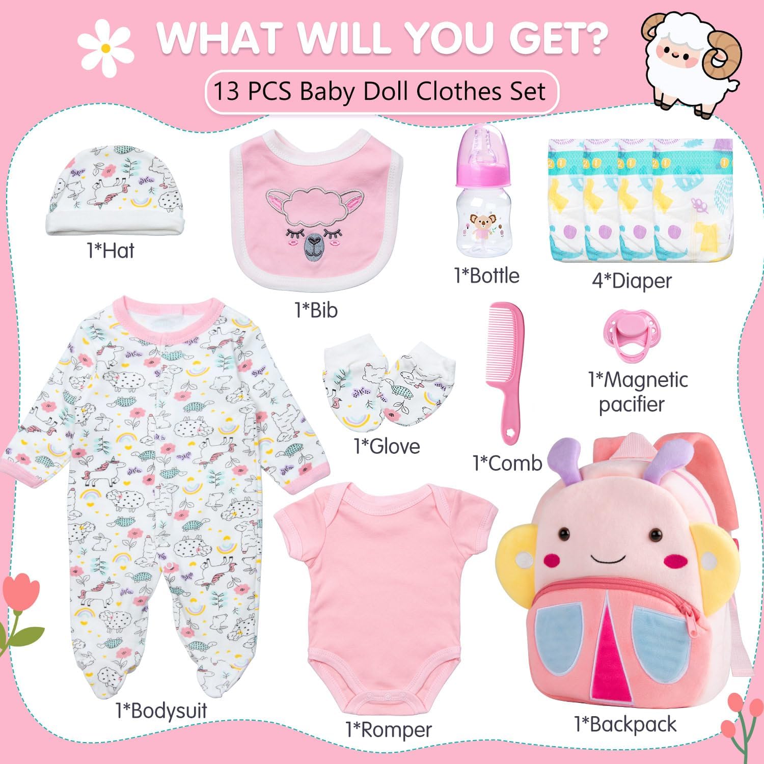 Reborn Baby Doll Clothes for 18-22 Inch Baby Girl Doll,20 inch Newborn Baby Doll Clothes Pink Sheep 13 Pcs Outfits Accessories with Pink Diaper Bag