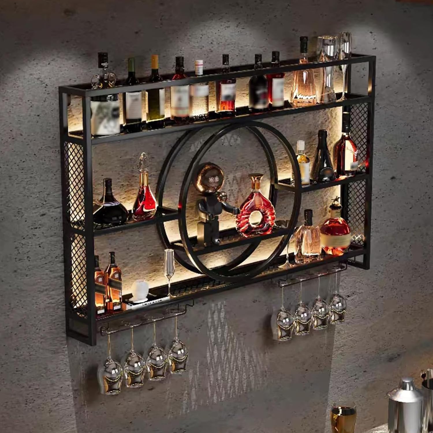 Grand organisateur de rangement mural noir 140 cm pour ranger bouteilles et verres à pied