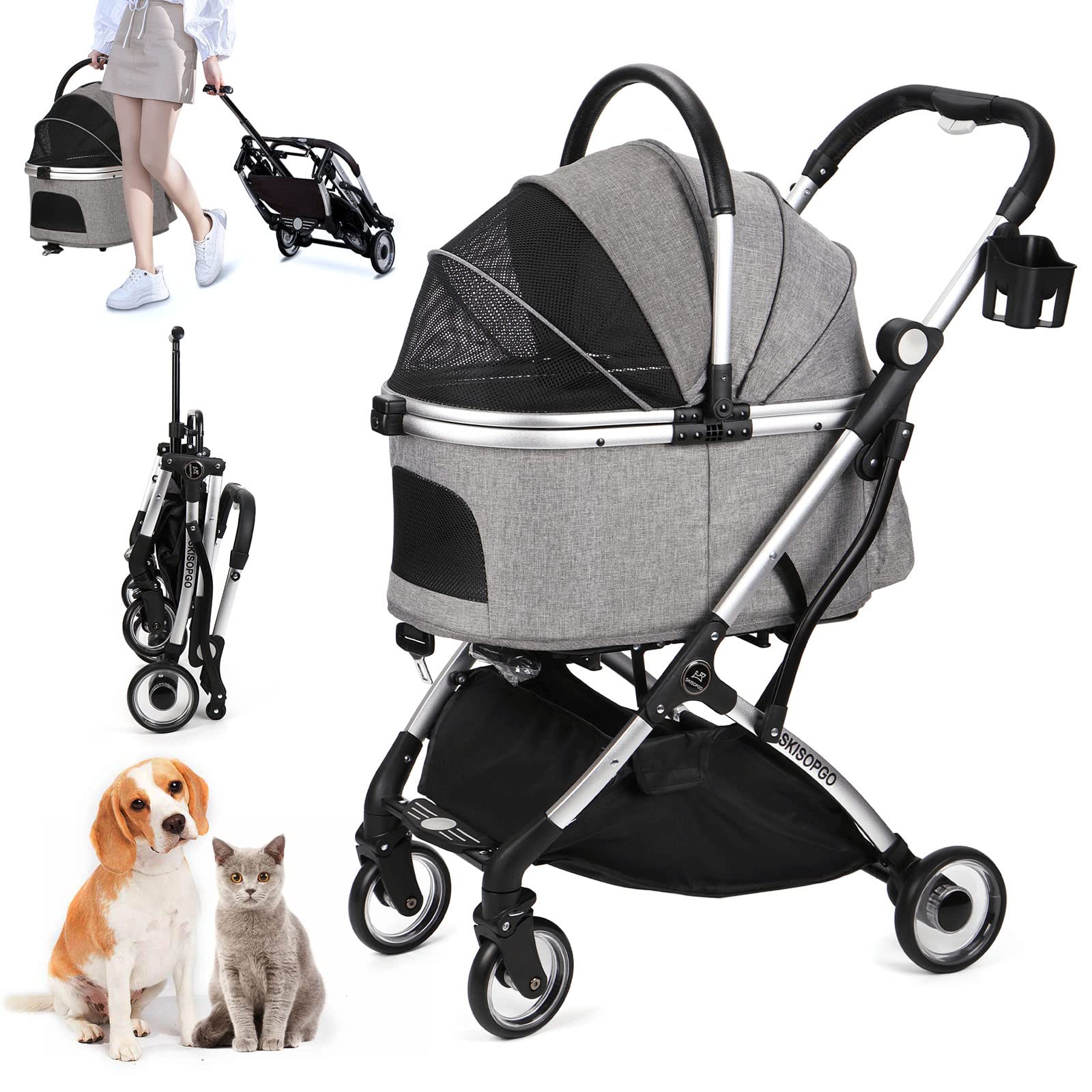 SKISOPGO 3-in-1 Pet Stroller, Dog Stroller with Detachable Carrier or Car Seat for Small Dogs Cats, Dog Cat Travel Pram Pushchair Buggy Carrier Trolley with Portable Telescopic Tie Rod (Grey)