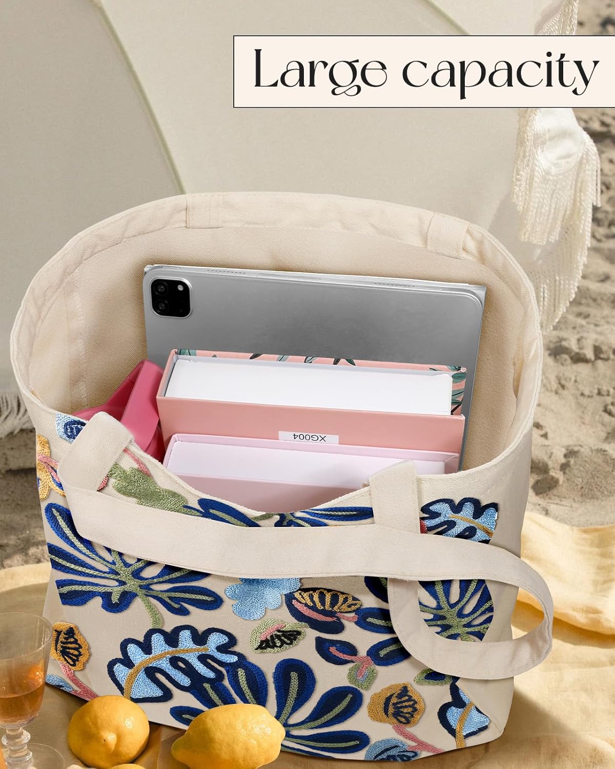 Aesthetic Embroidery Tote Bag for Women - Reusable Canvas Cute Shoulder Bag for Shopping, Grocery, Work, Book - Image 5