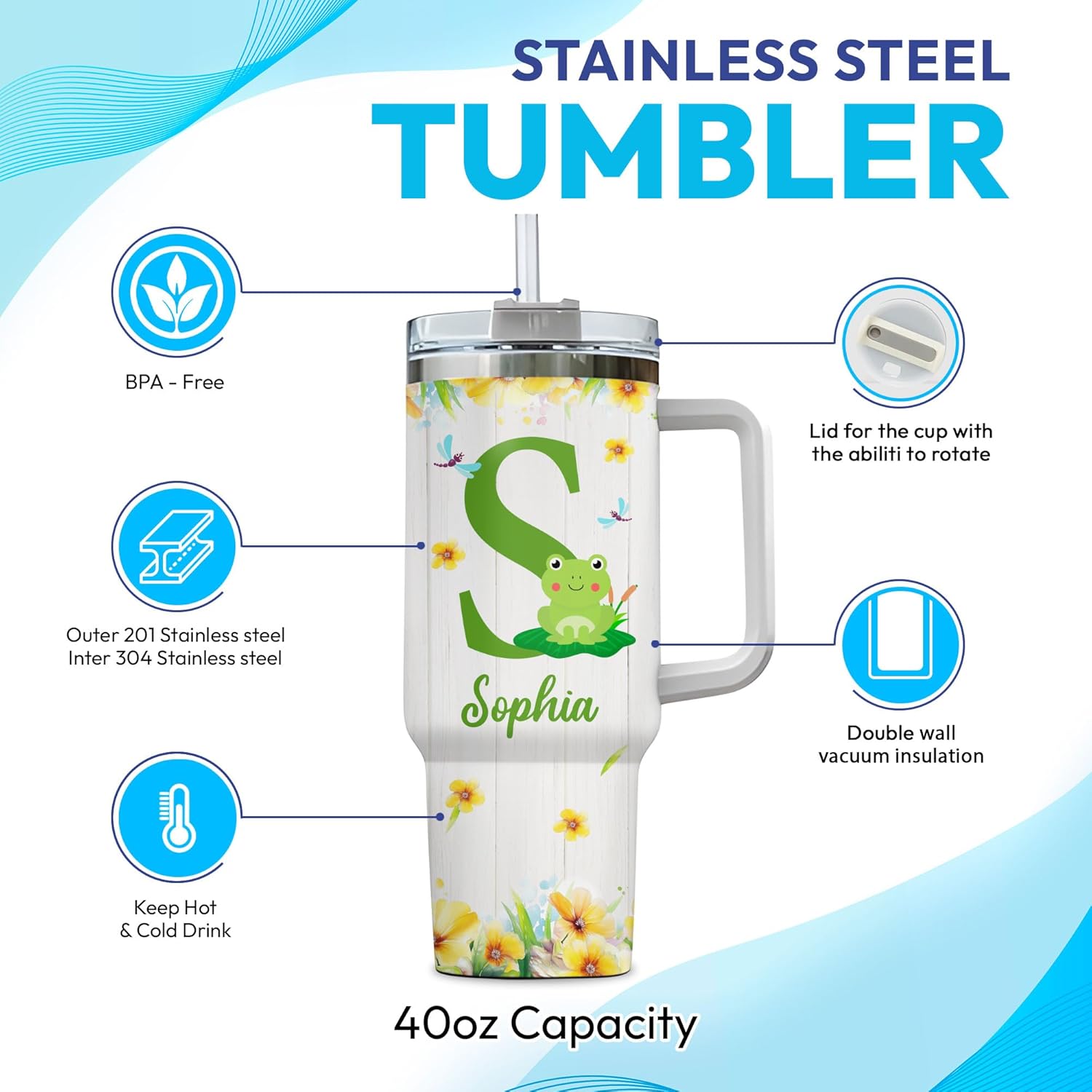 Hyturtle Personalized Gift For Frog Lovers For Women - Cute Custom Name Tumbler 40oz With Handle And Straw, Stainless Steel Travel Coffee Cup With Lid - Cute Animal Lovers Gifts For Girls On Birthday - Image 5