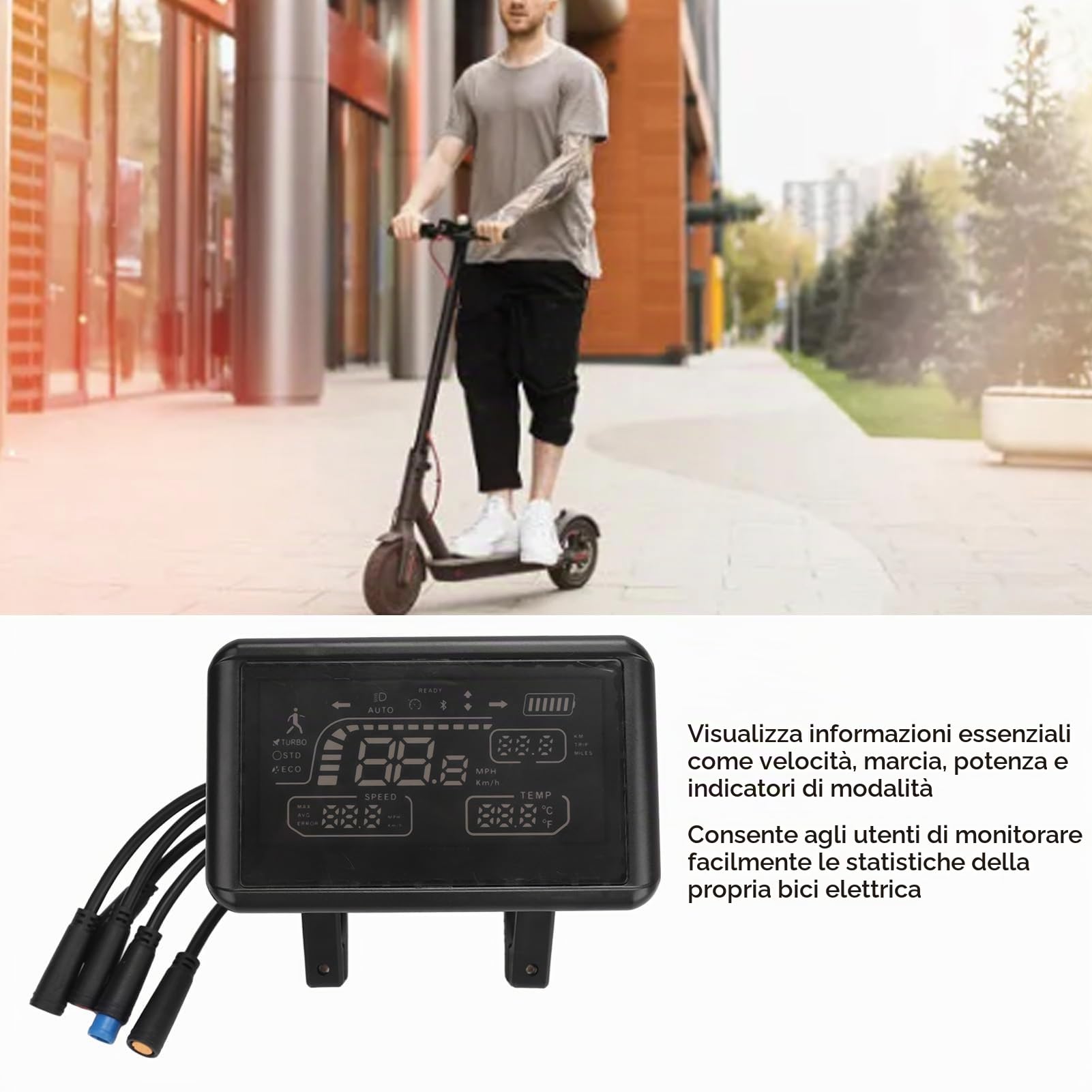 Display LCD per Bici Elettrica T4, Display LCD per Bicicletta Elettrica con Display a Batteria, Tachimetro, Contachilometri, Connettore Impermeabile, Controller per Bici