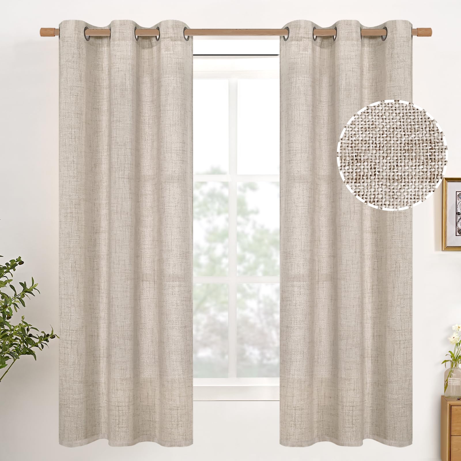 YoungsTex Natural Linen Curtains 38 Inch Width for Window Light Filtering Curtain Drapes 63 Inch Length with Bronze Grommet Privacy for Short Living