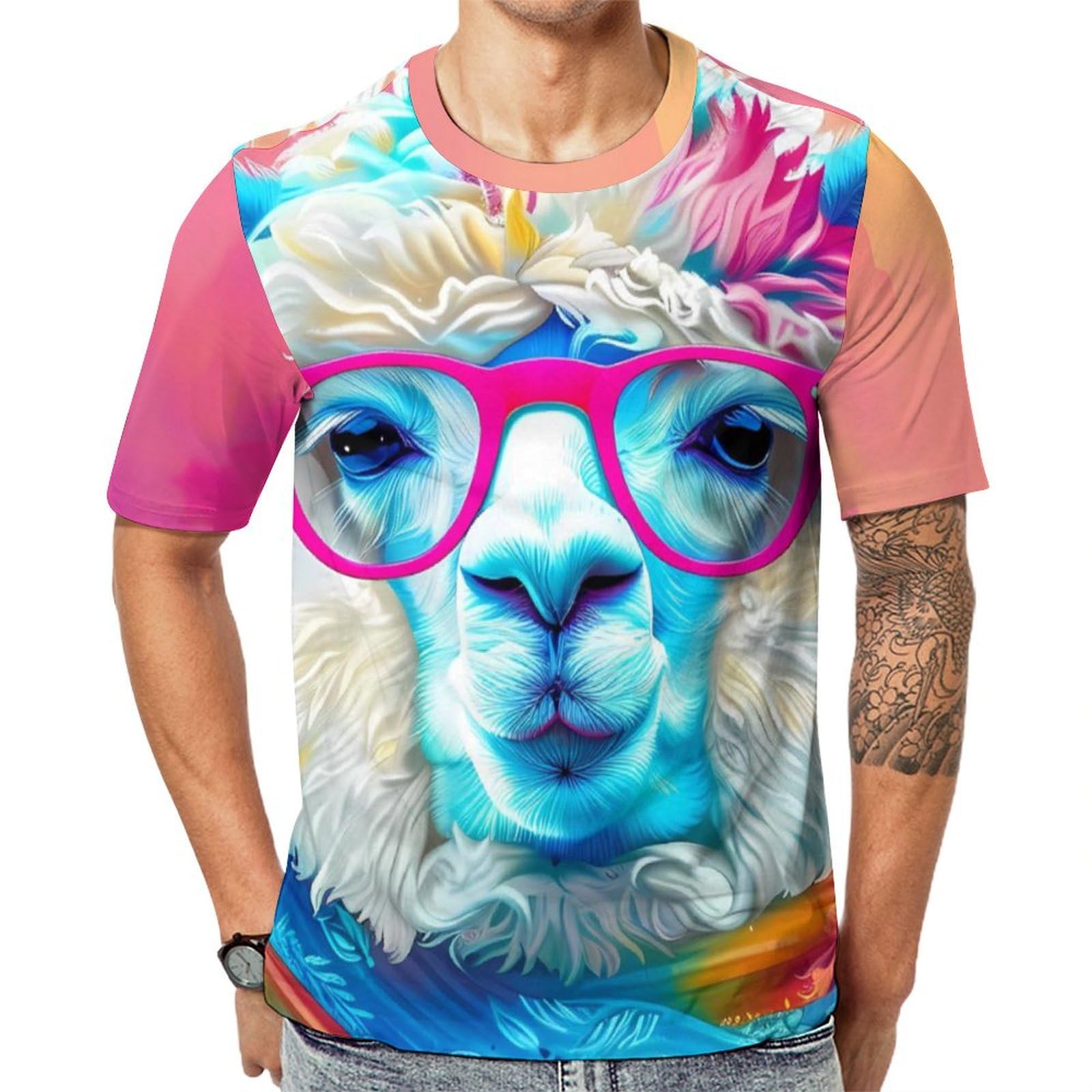 Colorful Alpaca Unisex Adult T-Shirts Summer Short Sleeve Tee Casual Tops Funny Graphic L