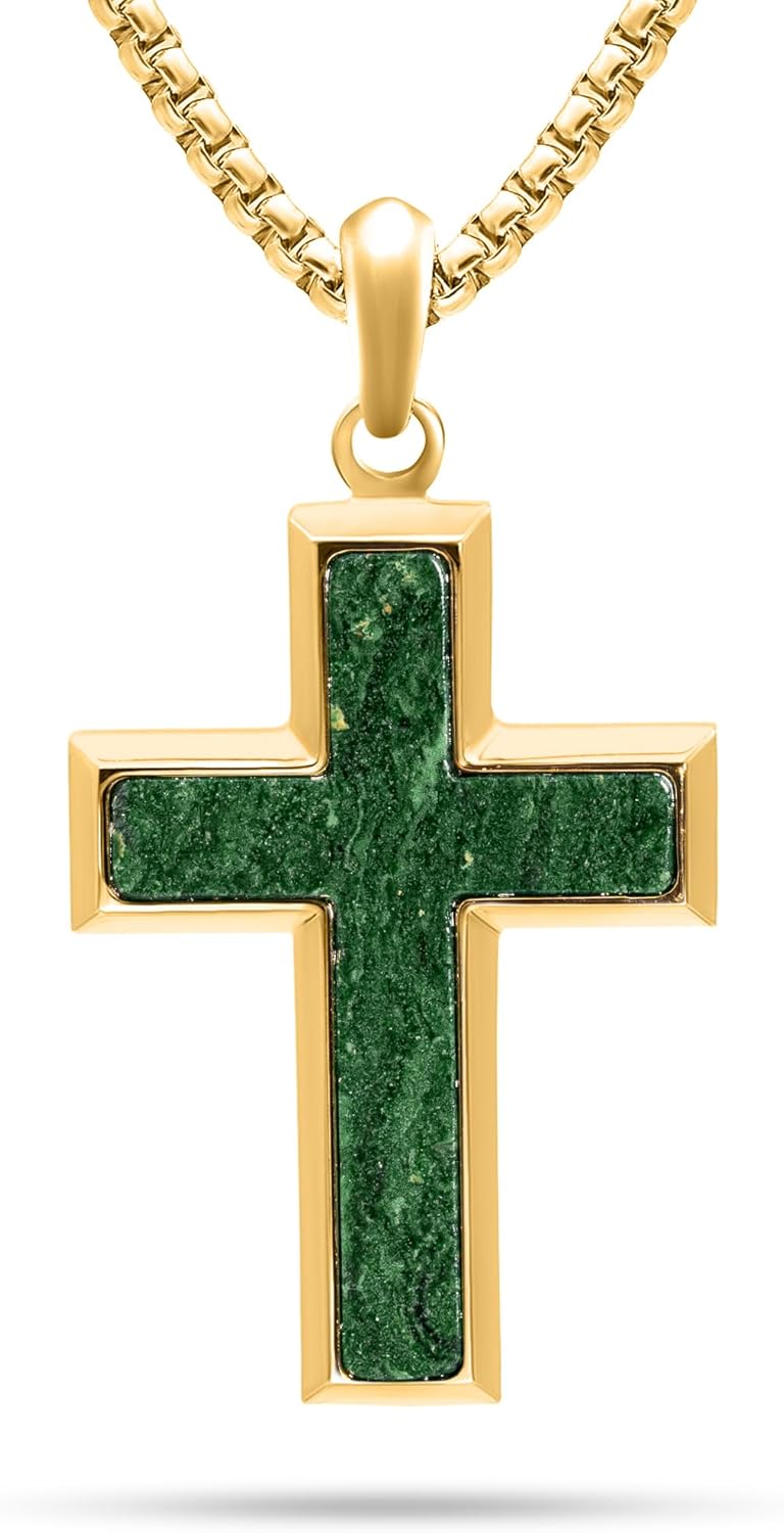 RTZN® Jade Necklace for Men – Premium Green Jade Pendant with Stainless Steel Box Chain 22" + 2" Extension – 18K Gold Plated Dog Tag, Square & Cross Pendant Necklaces – Luxurious Men's Jade Jewelry