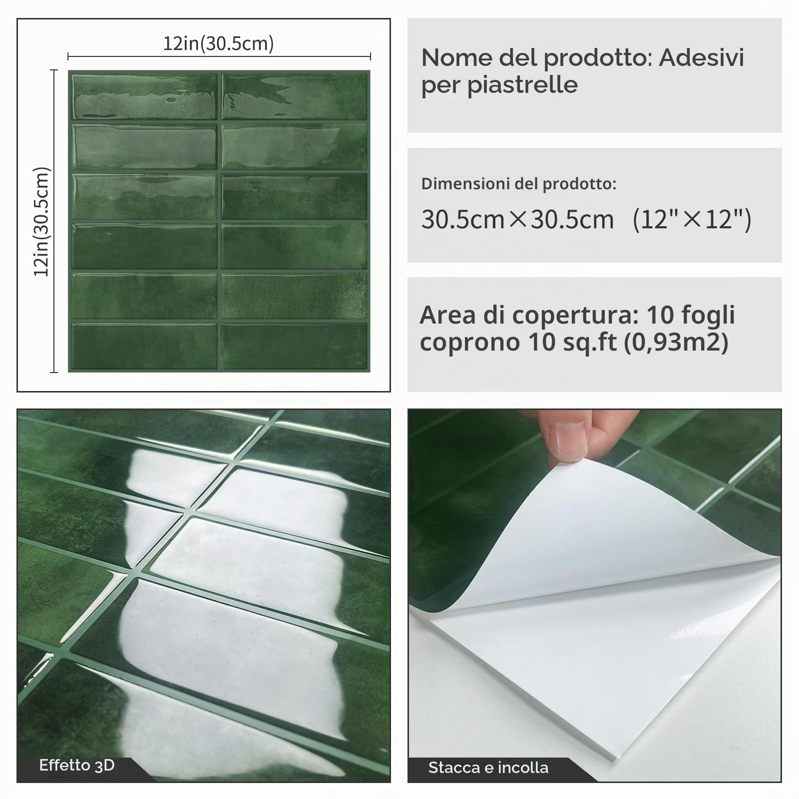 DEWOO Piastrelle da parete autoadesive, autoadesive, verdi, per cucina, bagno, rettangolari, 10 fogli, (30,5 x 30,5 cm)