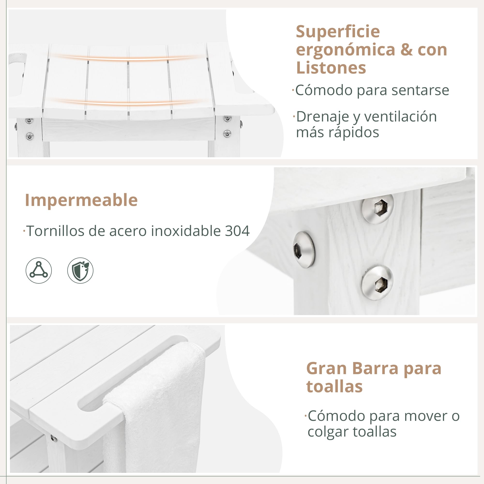 LUE BONA Taburete de Ducha HDPS, Asiento Impermeable con Estante para Baño, Banco Antideslizante para Interior y Exterior, Resistente al Clima, Blanco