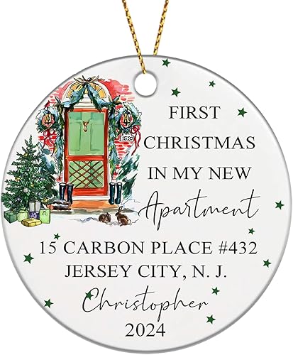 Recuerdo de cerámica personalizado para la primera Navidad en mi nuevo apartamento, adorno para apartamento nuevo, nombre y dirección