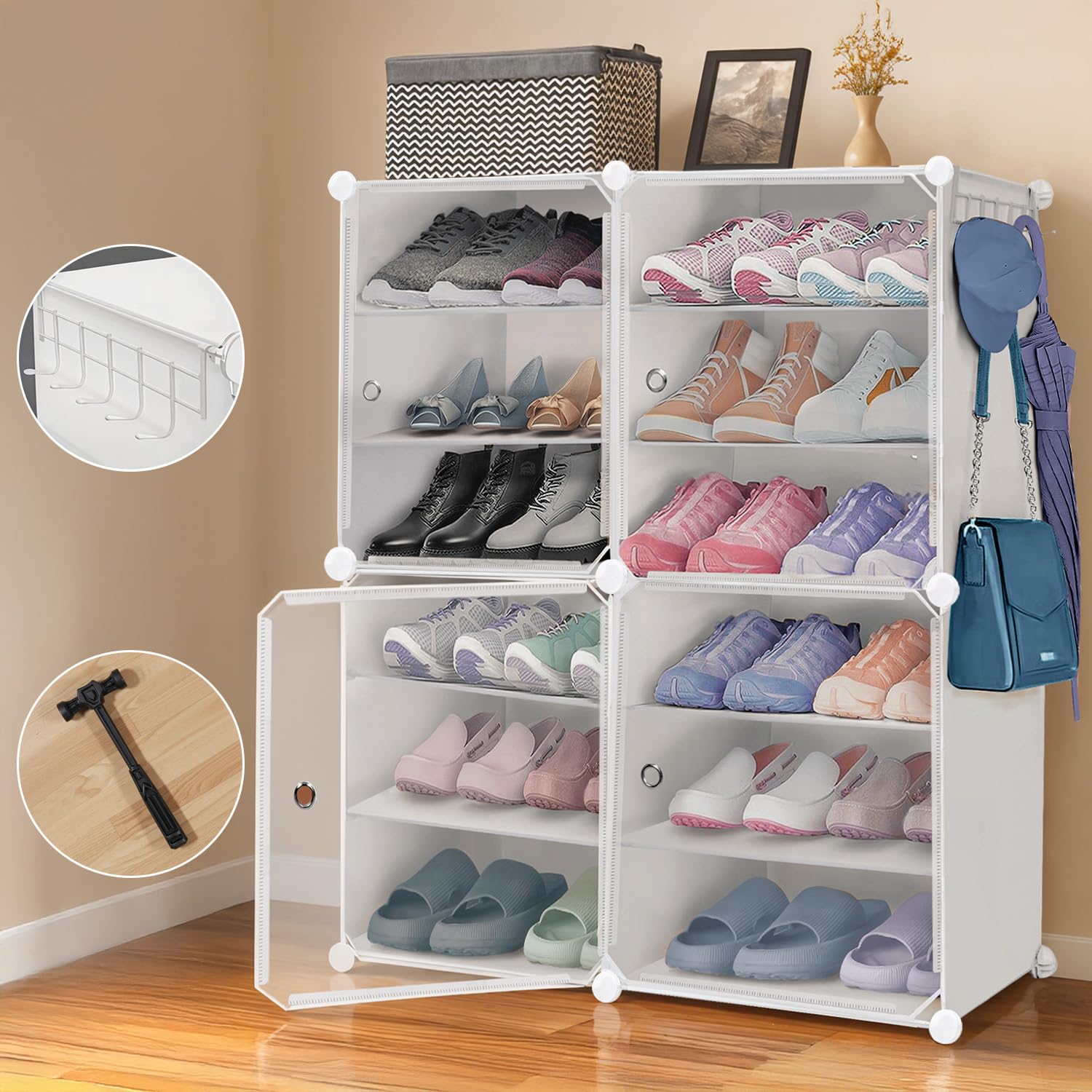 ABOUT SPACE Shoe Rack for Home with Door - 24 Pair DIY Slipper Stand with Hanger, 4 Cube Expandable Shelves Closed Shoes Rack for Home Men, Women Heels Boots Flip-Flops (White-L 80 x B 30 x H 90 cm)-image-45