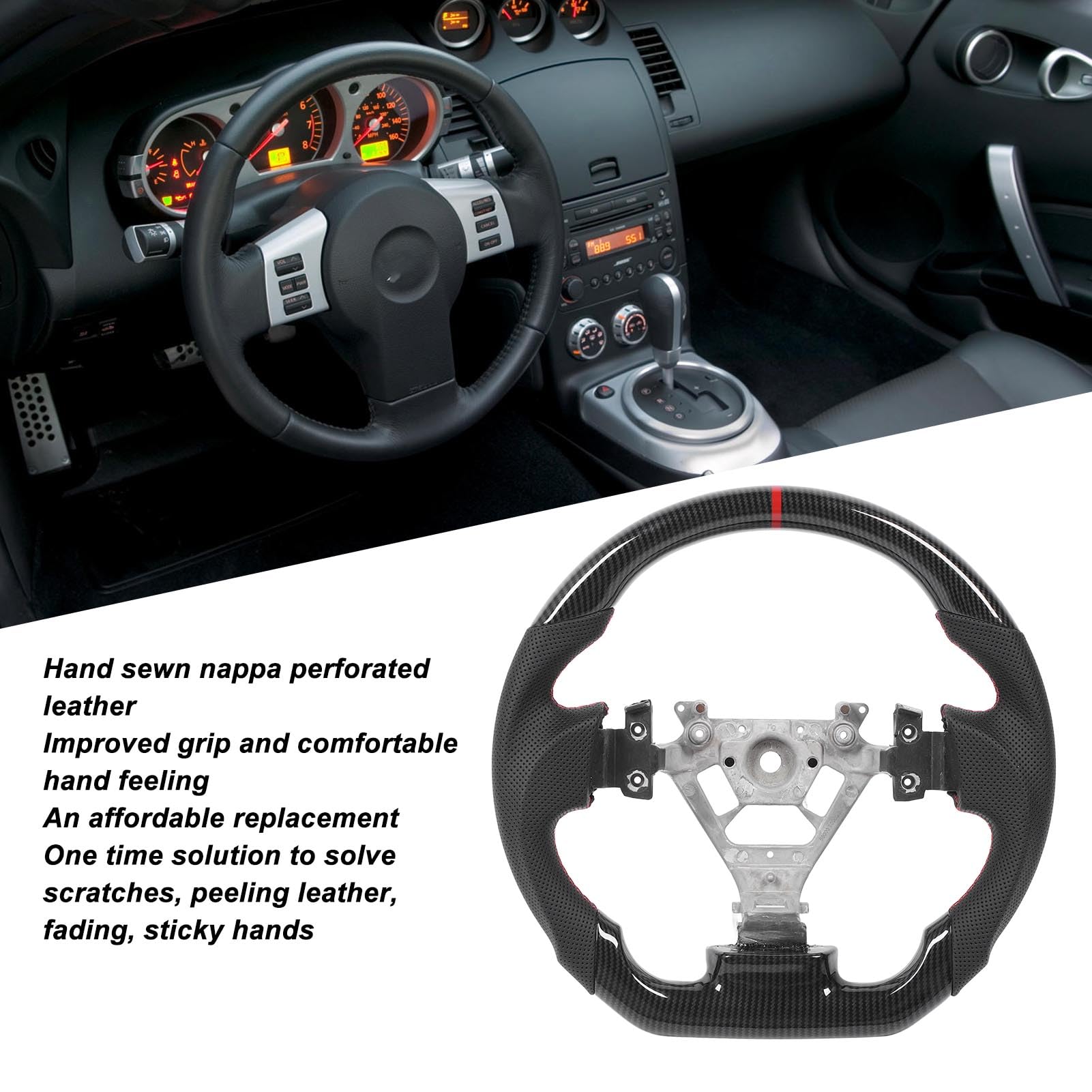 Vol En Fibre De Carbone o Dip Plat Pour 350Z 2003-2008 Poignée omique En Cuir Nappa Perforé Coutures Rouges Design Sportif Raffiné Et Précis Idéal Pour ique