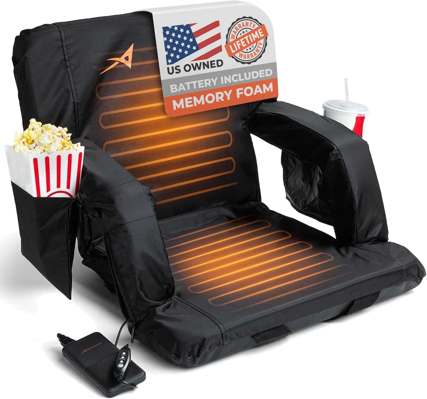 ACELETIQS Stadium Seats for Bleachers with Back Support - Upgraded Model and Extra Heat – USB Battery Included - Upgraded 3 Levels of Heat - Foldable Chair (20" Double Heated) (Renewed)
