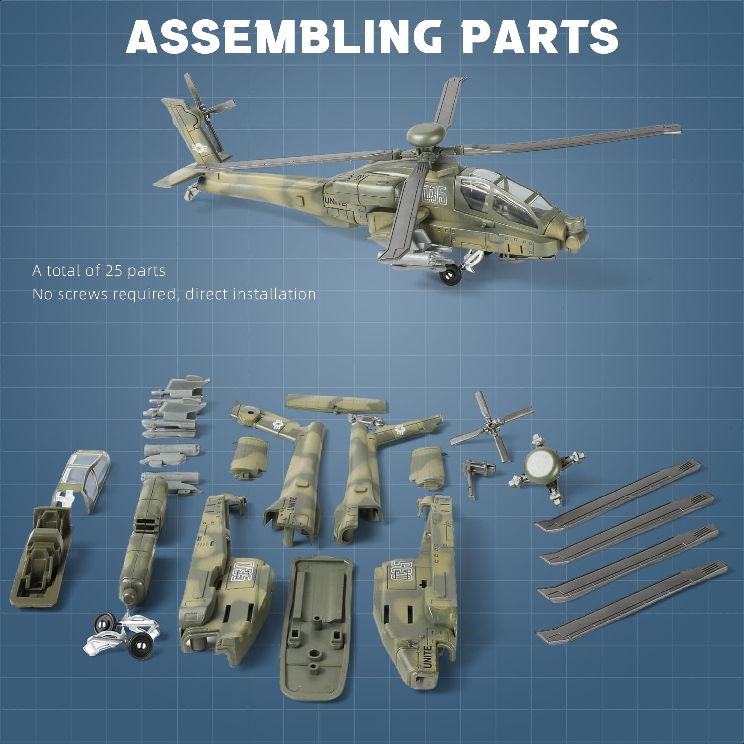 SEBUNAS 1:72 Scale AH-64 Army Helicopter Model Kit Plastic Toy Assembly Military Helicopter Model Collection or Gift for Adults and Kids (25 Pieces) - Image 4
