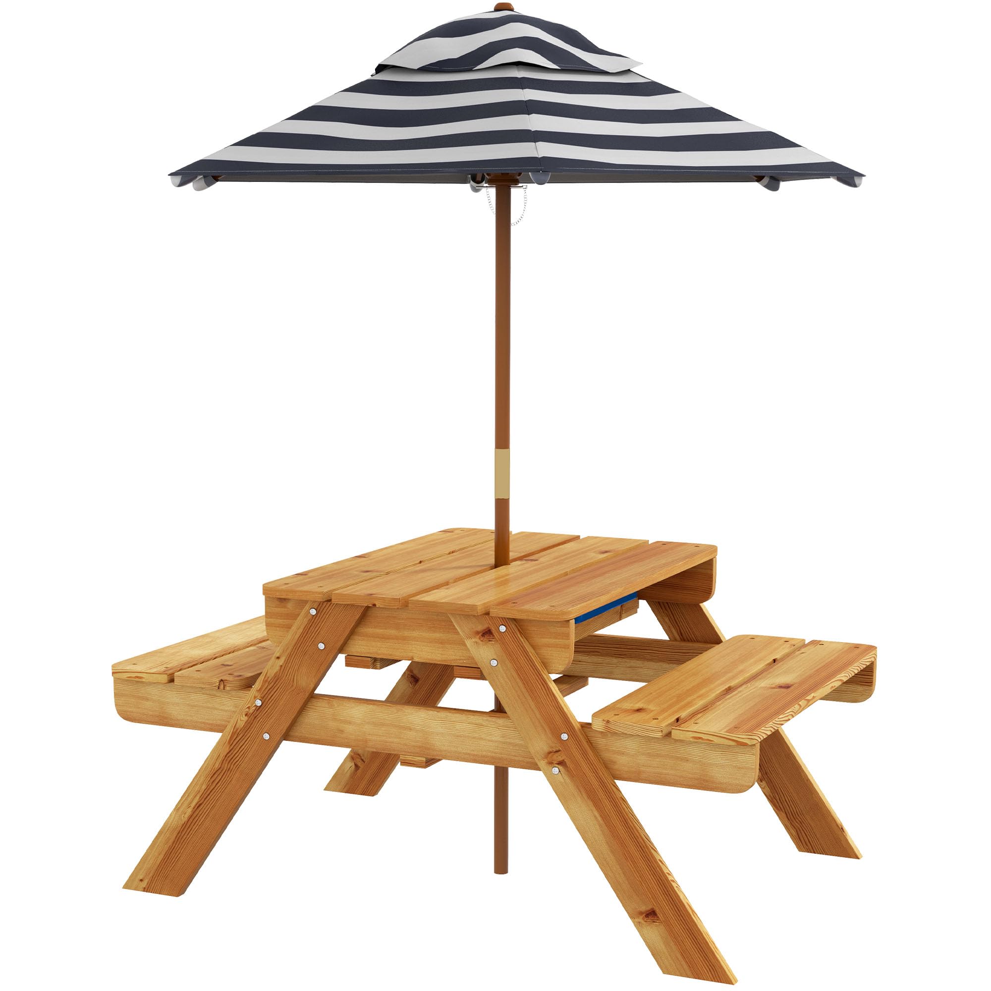 Outsunny Mesa de Picnic para Niños de Madera Mesa y 2 Bancos Infantiles con Sombrilla y Arenero para Jardín Patio 89x80,5x142,5 cm Teca