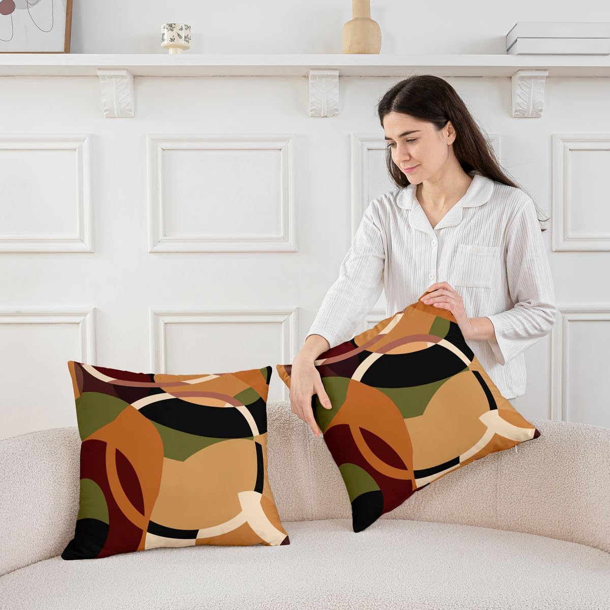 Pack of 2 Geometric Brown Red Green Decorative Throw Pillow Covers, Soft Geometric Square Cushion Case Set for Couch Sofa Bedroom Living Room, Stripe Line Pillow Cases Pillowcases, 24x24 Inches